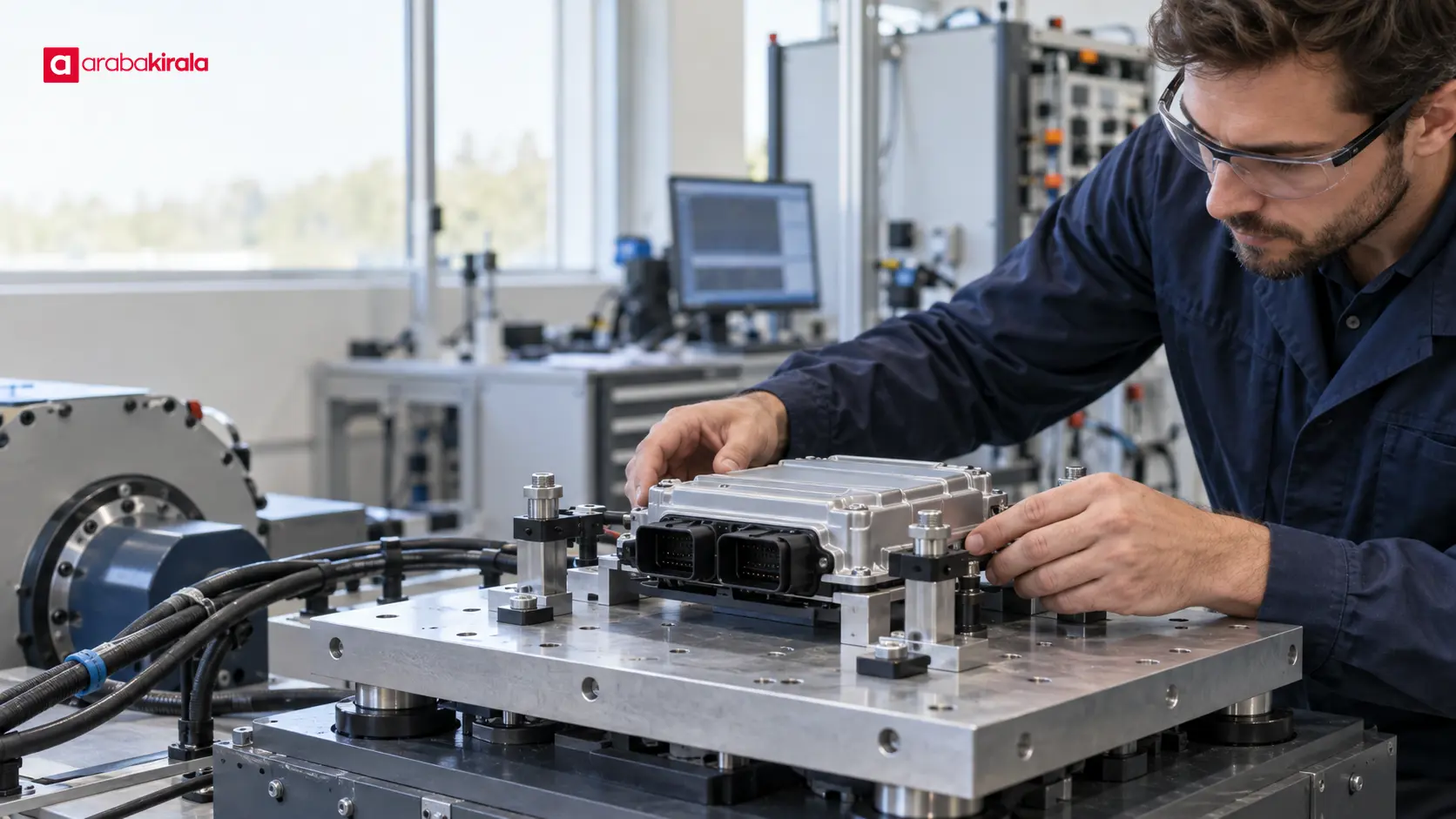 Mühendis, ortak elektronik kontrol modülünü dayanıklılık test düzeneğinde inceliyor