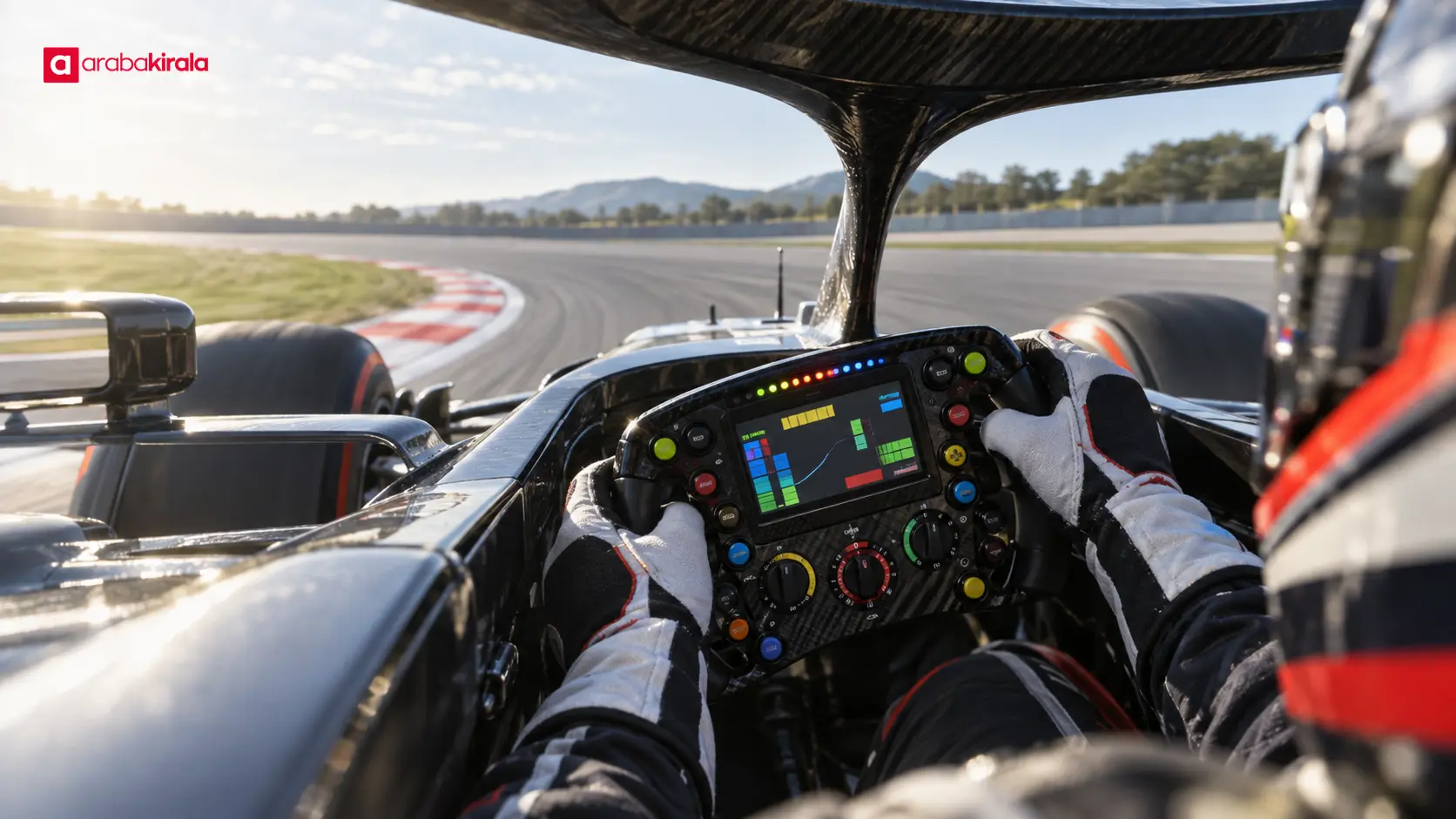Virajı dönen Formula 1 aracında ekranı ve kumandaları görünen direksiyon