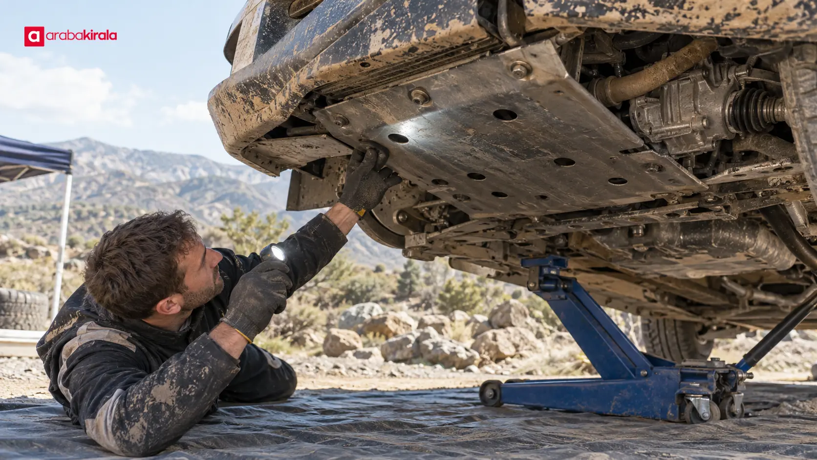 Servis alanında ralli aracının alt korumasını inceleyen teknisyen Servis alanında ralli aracının alt korumasını inceleyen teknisyen