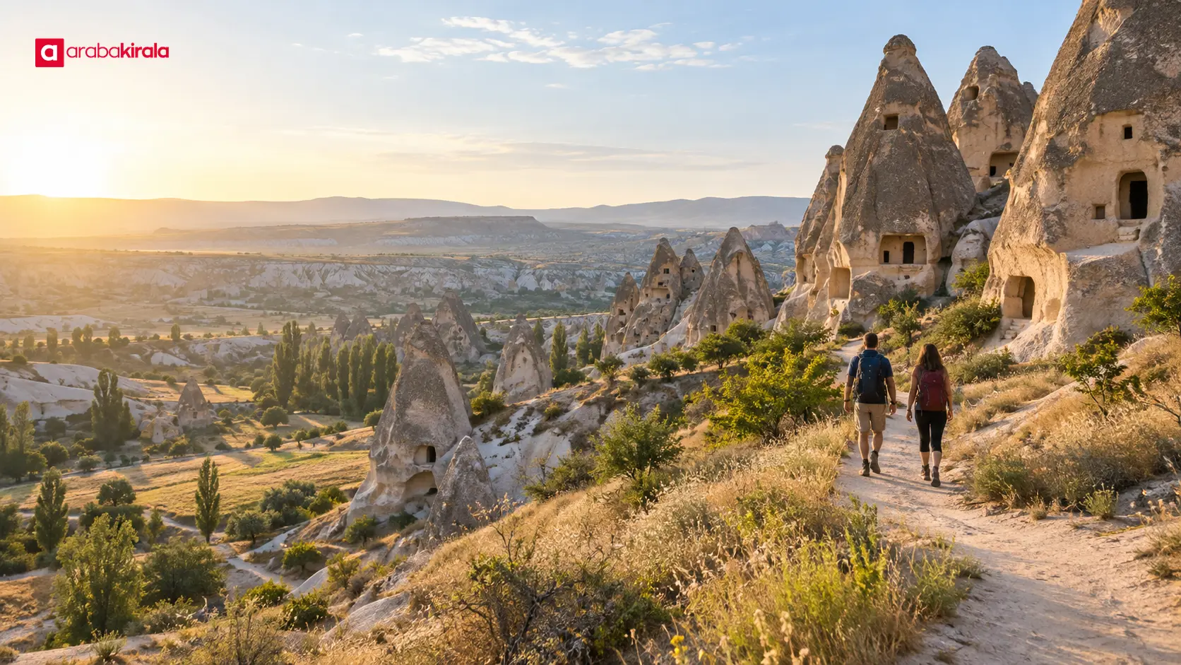 Kapadokya vadisinde sabah serinliğinde doğal patikada yürüyüş yapan iki kişi