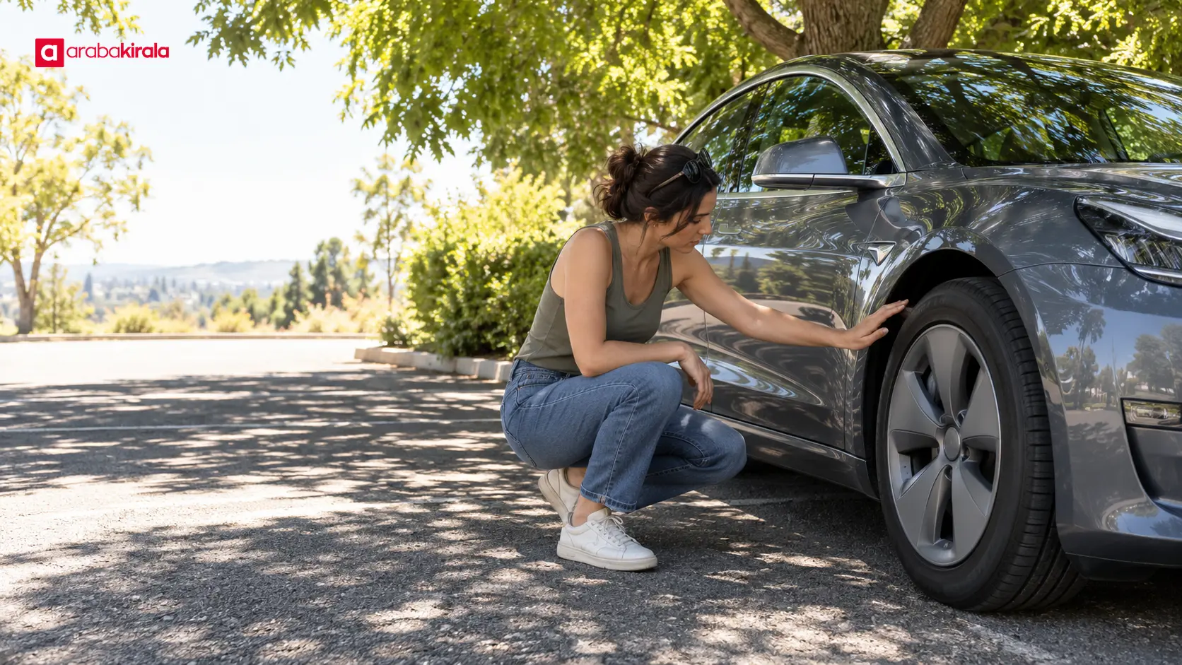 Sıcak havada gölgede park edilen elektrikli otomobilde yolculuk öncesi kontrol