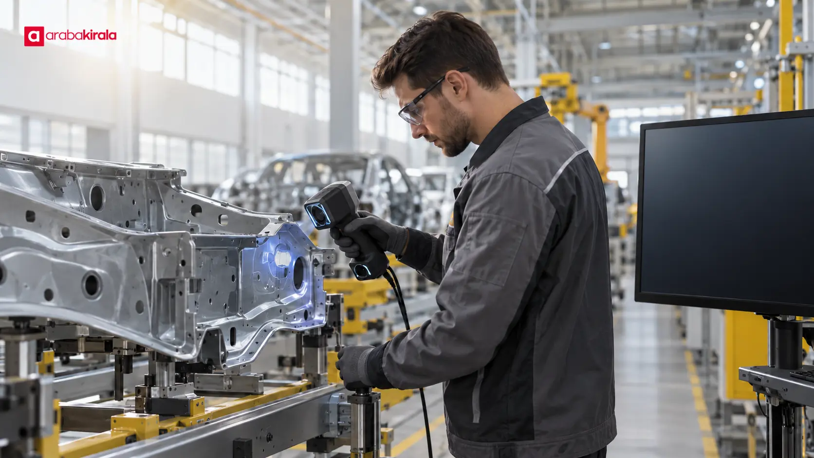 Otomotiv fabrikasında bir parçanın dijital ölçüm cihazıyla kontrol edilmesi