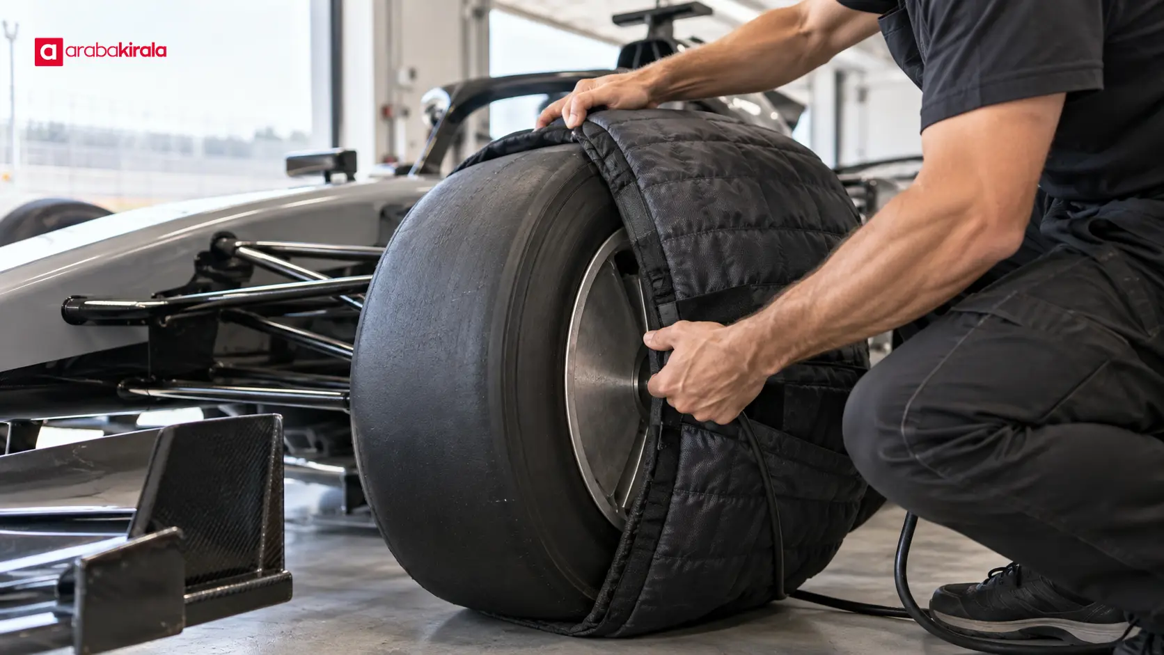 Formula 1 pit garajında yarış lastiğine yerleştirilen lastik battaniyesi