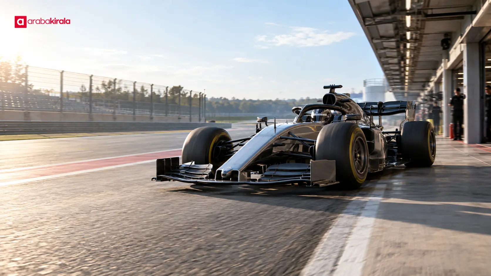 Pit çıkışından piste ilerleyen Formula 1 otomobili ve yarış lastikleri