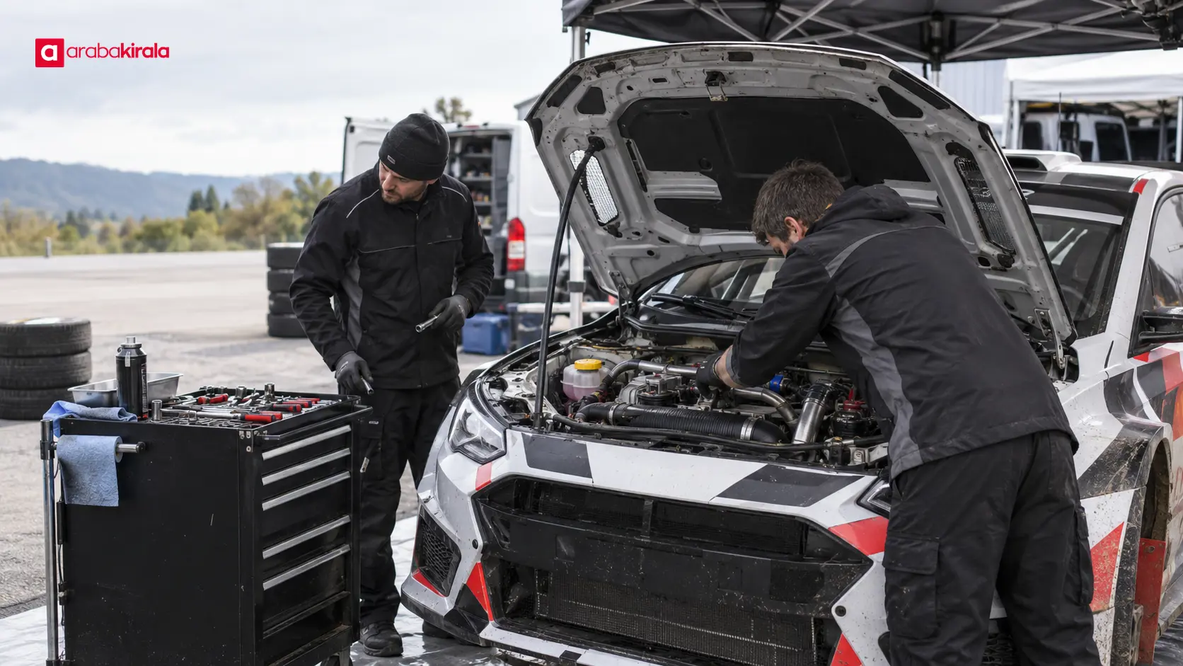 WRC servis alanında kaputu açık ralli otomobilinin çevresinde planlı bakım yapan ekip WRC servis alanında kaputu açık ralli otomobilinin çevresinde planlı bakım yapan ekip