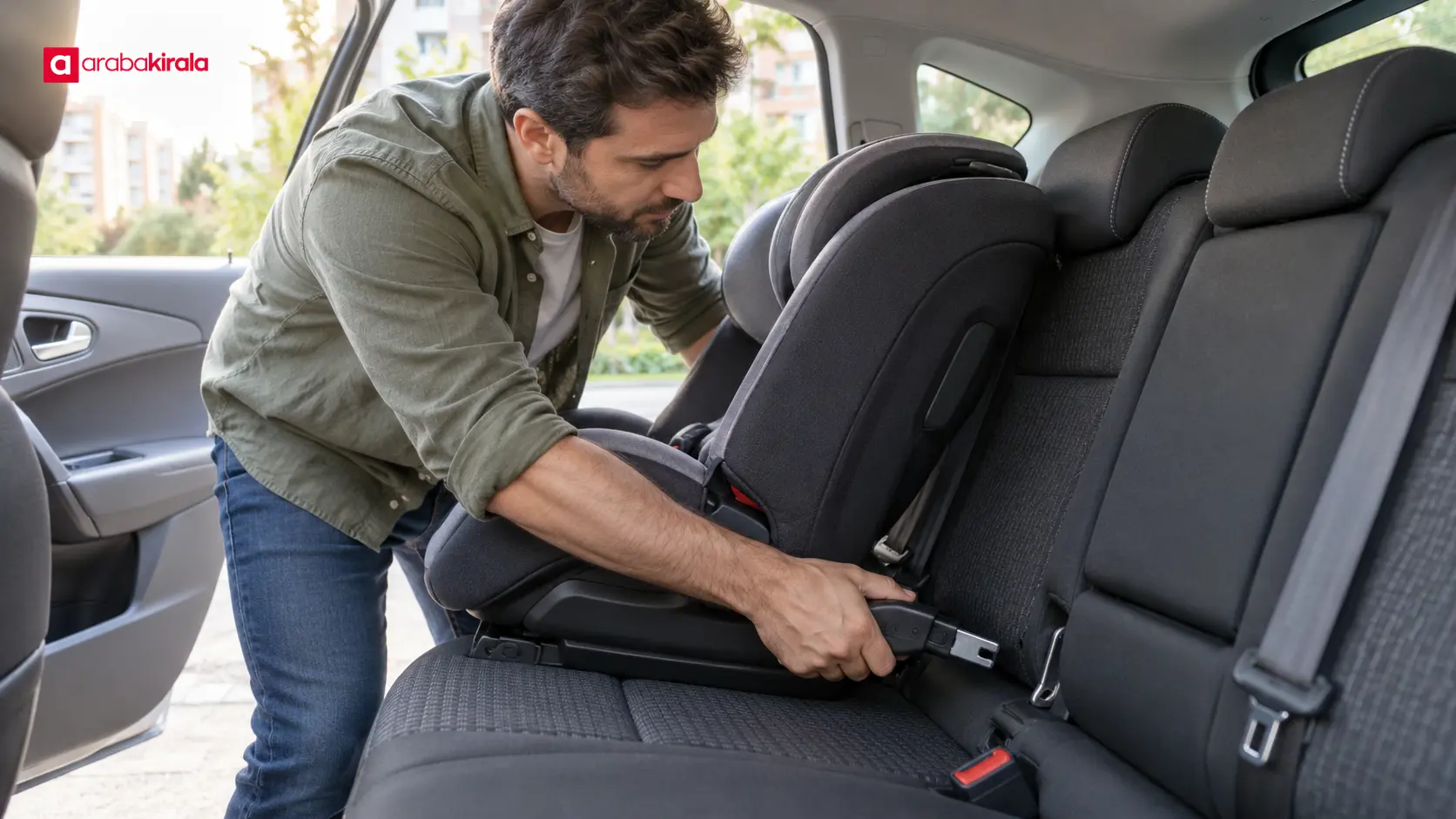 Arka koltukta ISOFIX bağlantı noktalarına çocuk koltuğu yerleştiren yetişkin Arka koltukta ISOFIX bağlantı noktalarına çocuk koltuğu yerleştiren yetişkin