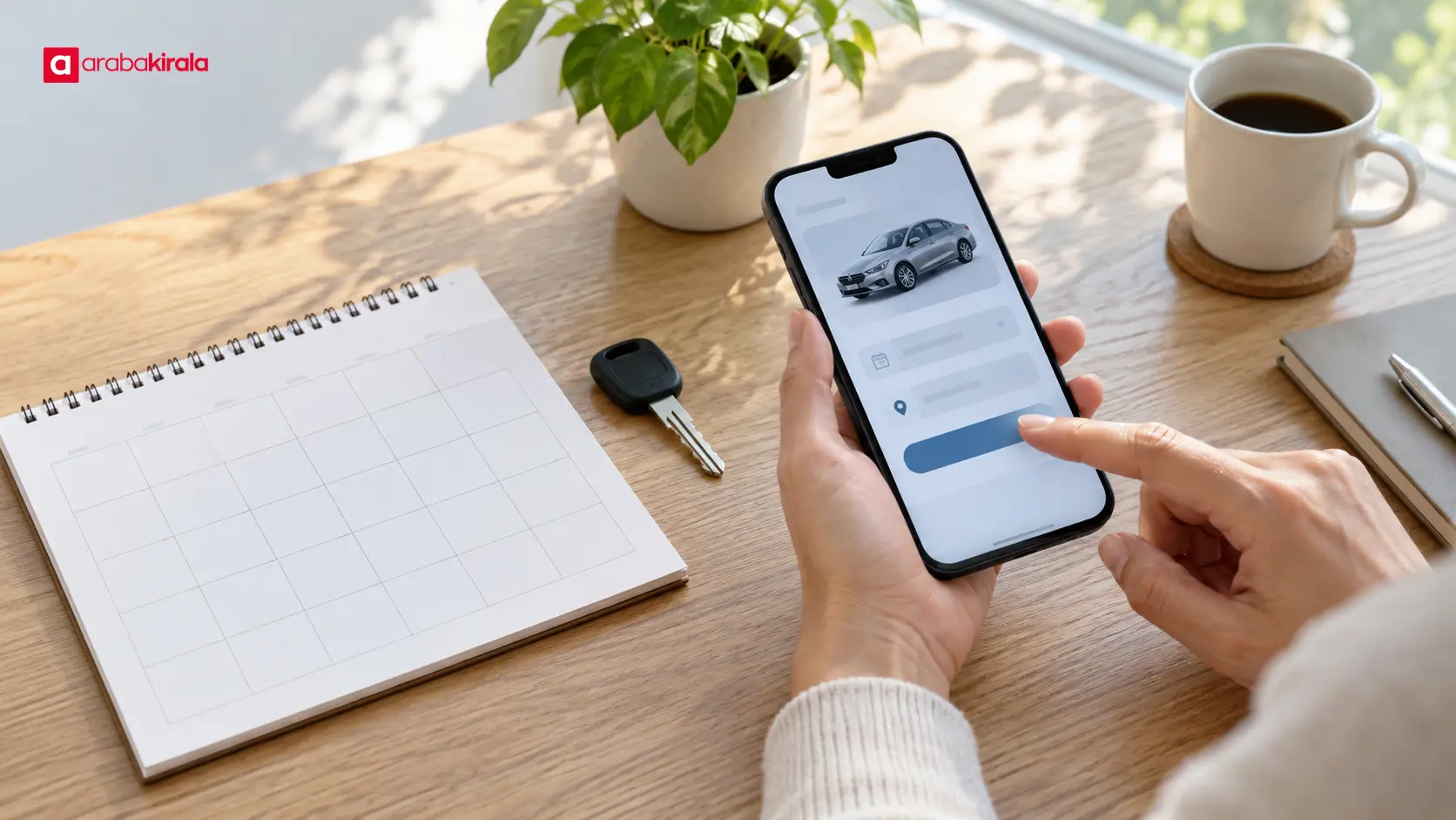 Bir kişi sade bir takvimin yanında telefonuyla araç rezervasyonu yapıyor. Bir kişi sade bir takvimin yanında telefonuyla araç rezervasyonu yapıyor.