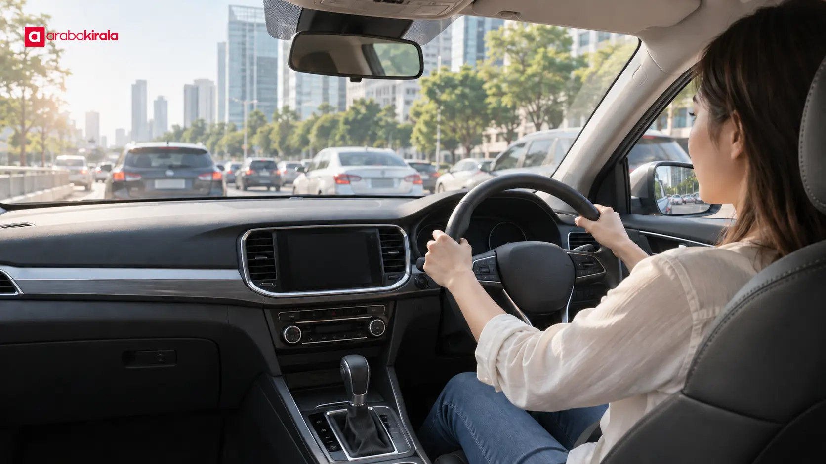 Şehir trafiğinde otomatik vitesli araç kullanan sürücü