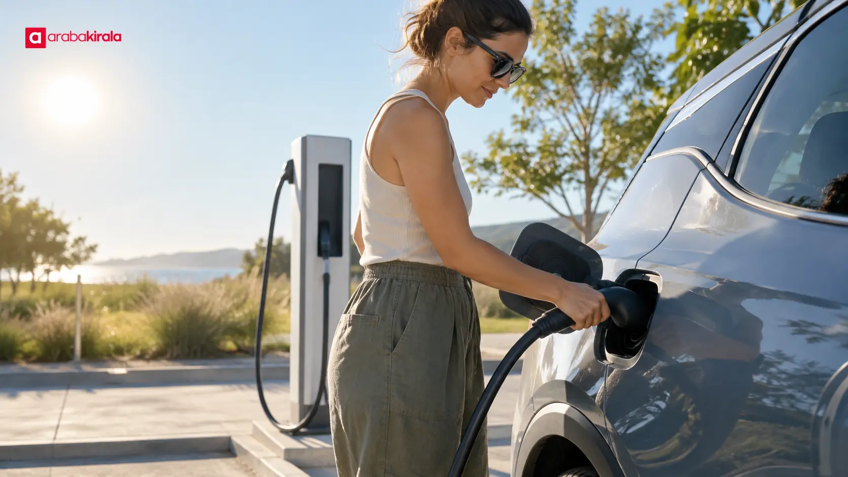 Yaz güneşinde halka açık şarj noktasına bağlı elektrikli otomobil Yaz güneşinde halka açık şarj noktasına bağlı elektrikli otomobil