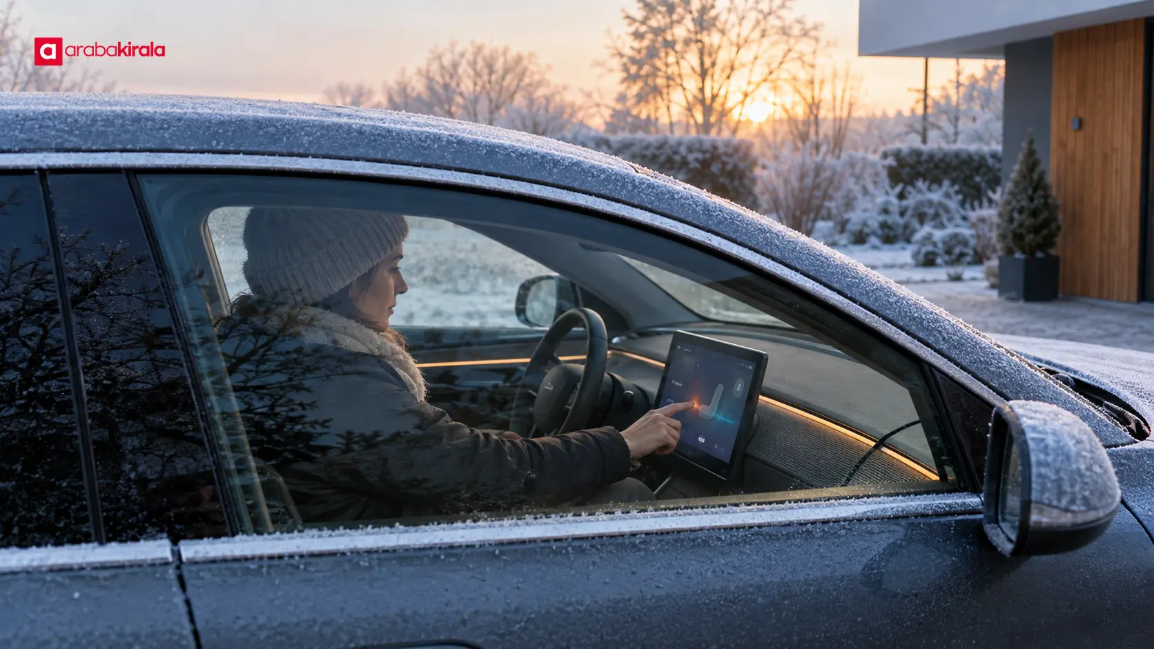 Kış sabahı yola çıkmadan önce elektrikli otomobilin kabinini ısıtan sürücü Kış sabahı yola çıkmadan önce elektrikli otomobilin kabinini ısıtan sürücü