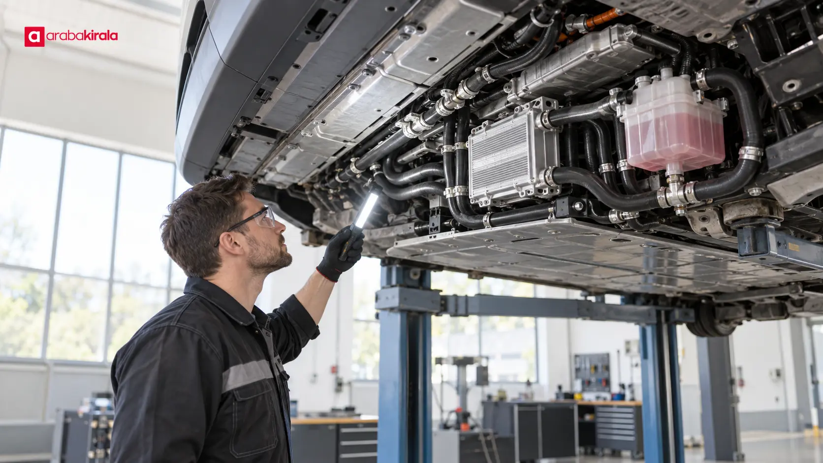 Atölyede elektrikli otomobilin batarya ısı yönetim sistemini inceleyen teknisyen Atölyede elektrikli otomobilin batarya ısı yönetim sistemini inceleyen teknisyen
