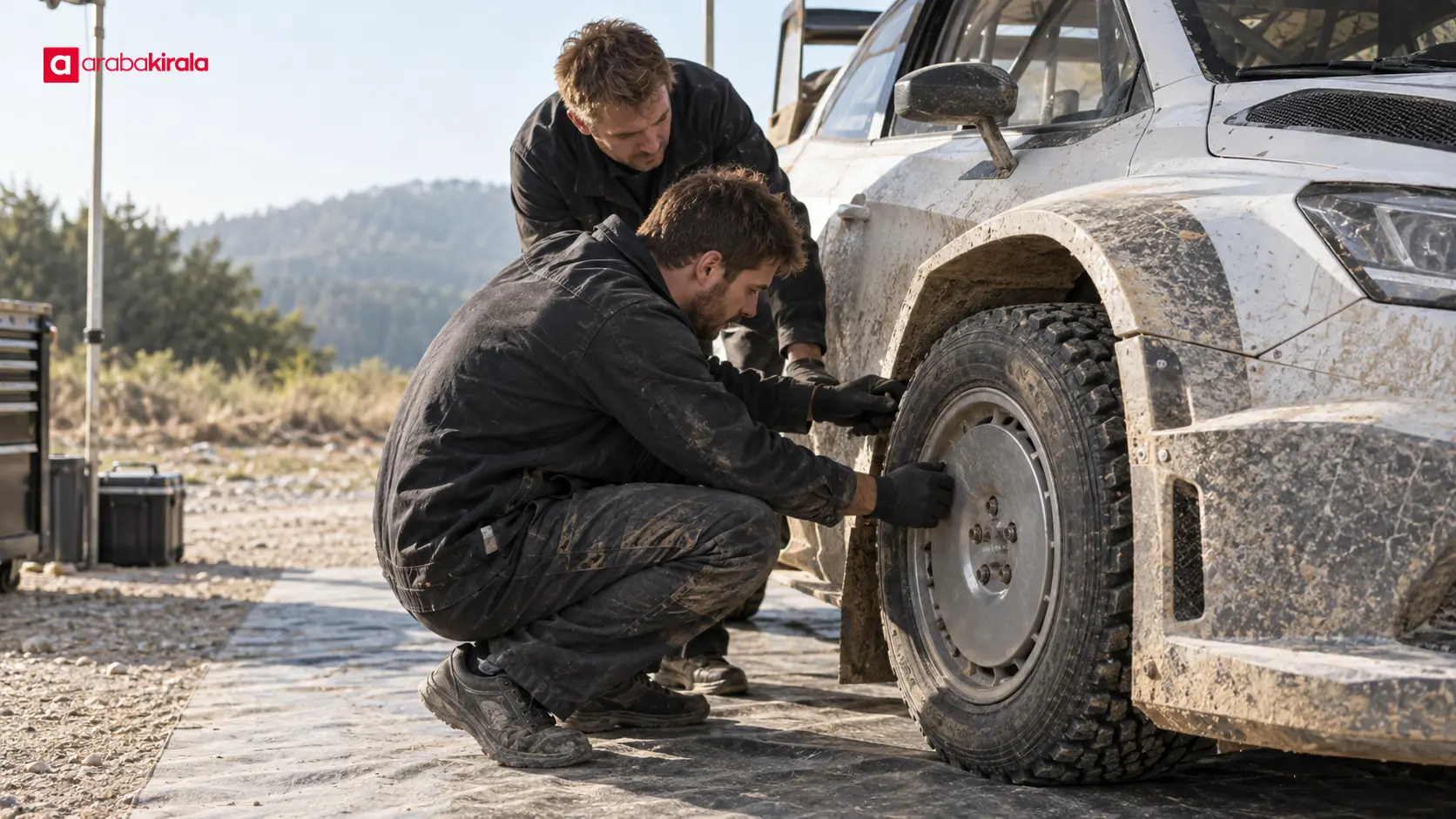 Servis alanında ralli otomobilinin tekerleklerini kontrol eden teknisyenler Servis alanında ralli otomobilinin tekerleklerini kontrol eden teknisyenler