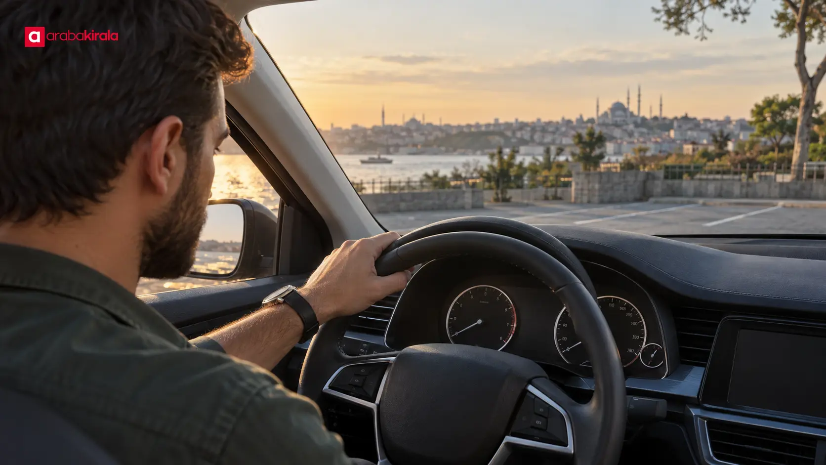 Gün sonunda kiralık aracın kilometre ve yakıt göstergelerini kontrol eden sürücü Gün sonunda kiralık aracın kilometre ve yakıt göstergelerini kontrol eden sürücü