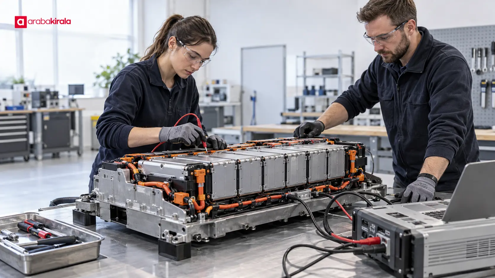 Teknik tesiste kontrol edilen kullanılmış elektrikli araç batarya modülleri