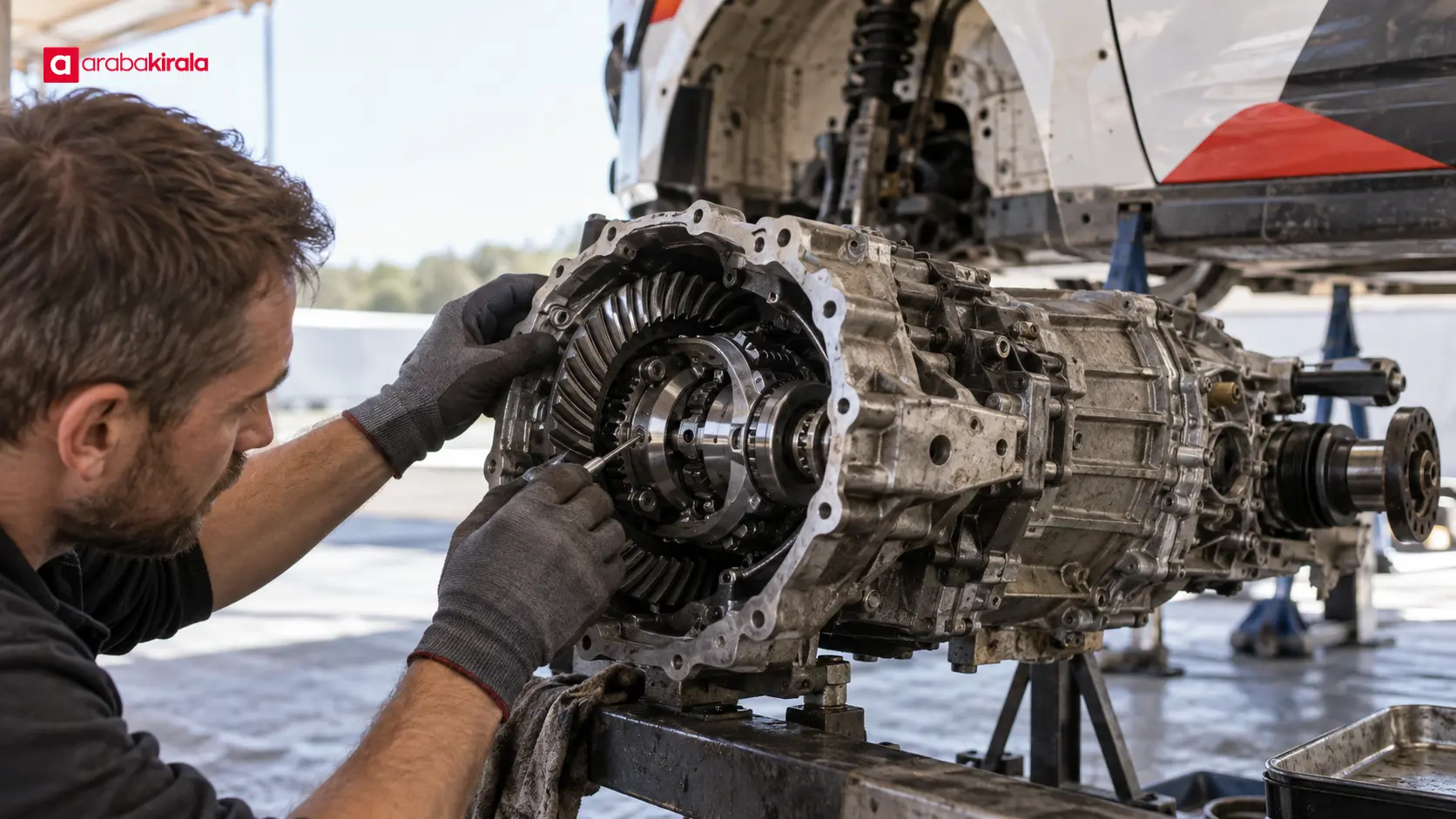 Servis alanında ralli otomobilinin şanzıman ve diferansiyel grubunu inceleyen teknisyen