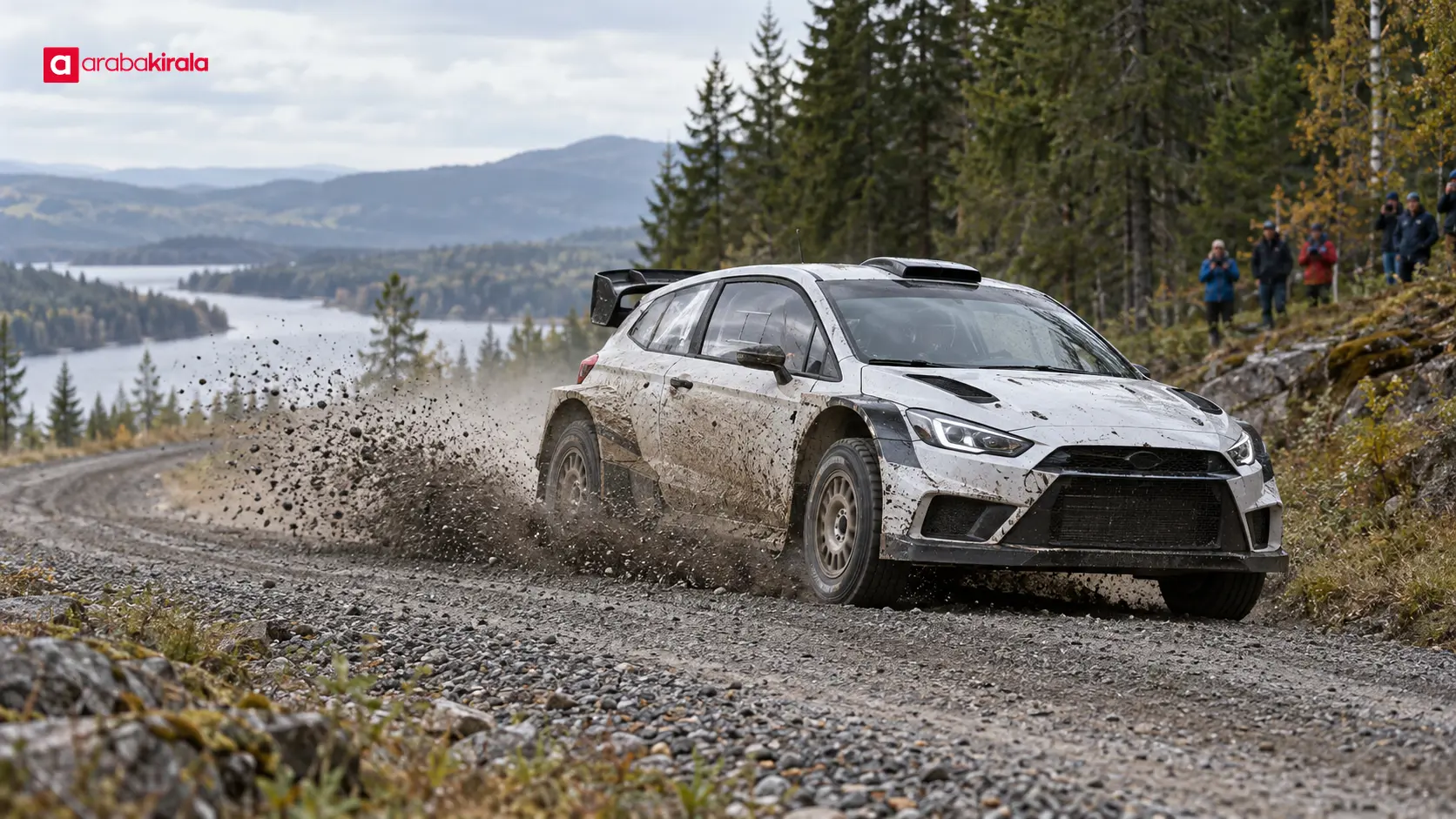 Çakıllı viraj çıkışında hızlanan ralli otomobili ve farklı tekerlek izleri