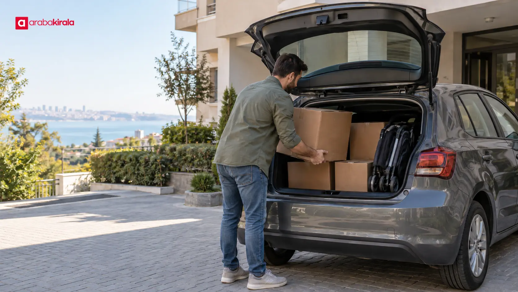 Beylikdüzü’nde kompakt hatchback aracın bagajına koli ve katlanır bebek arabası yerleştirme