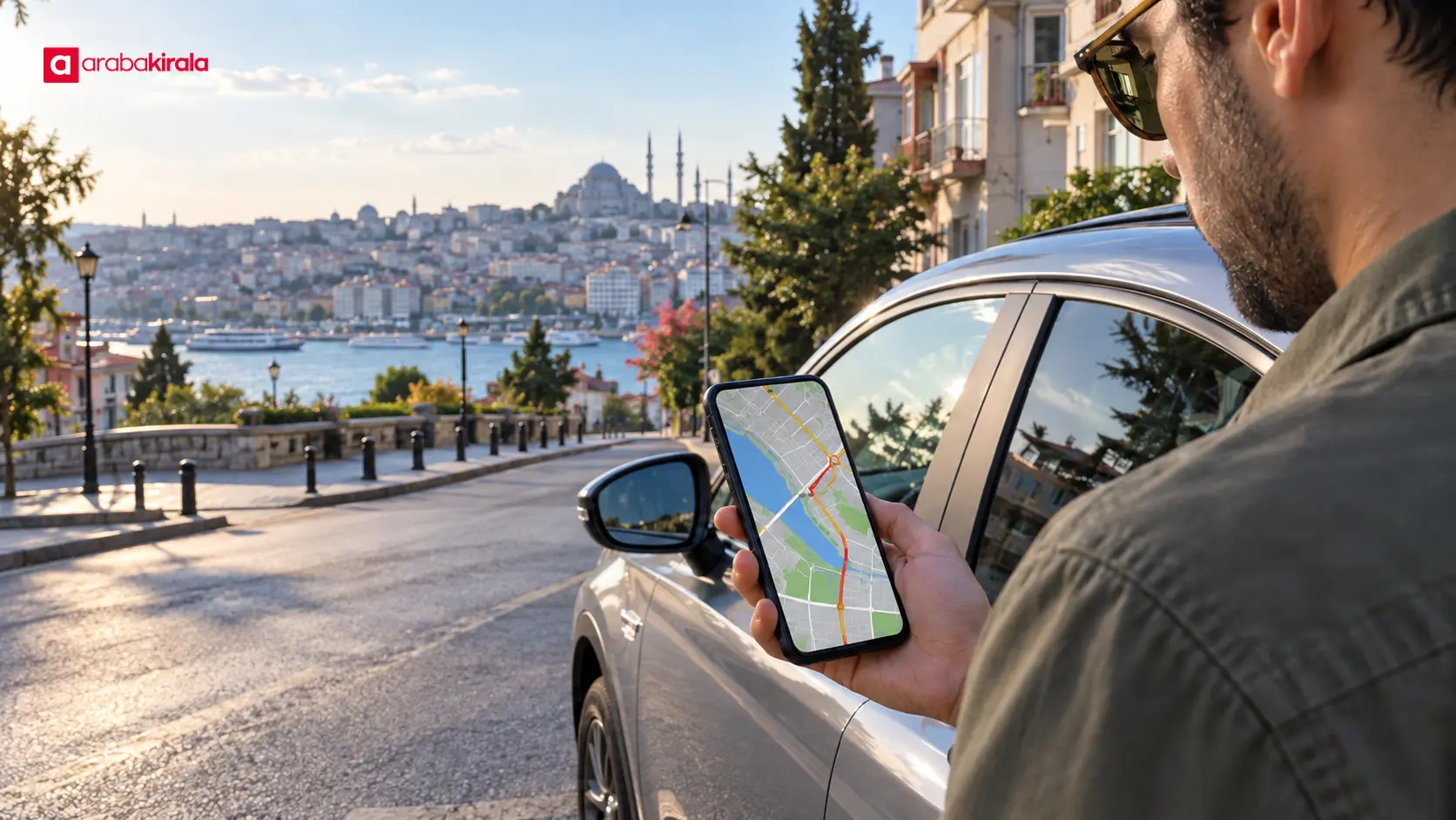 İstanbul’da park halindeki aracın yanında resmî yol çalışması bilgilerini telefondan inceleyen sürücü