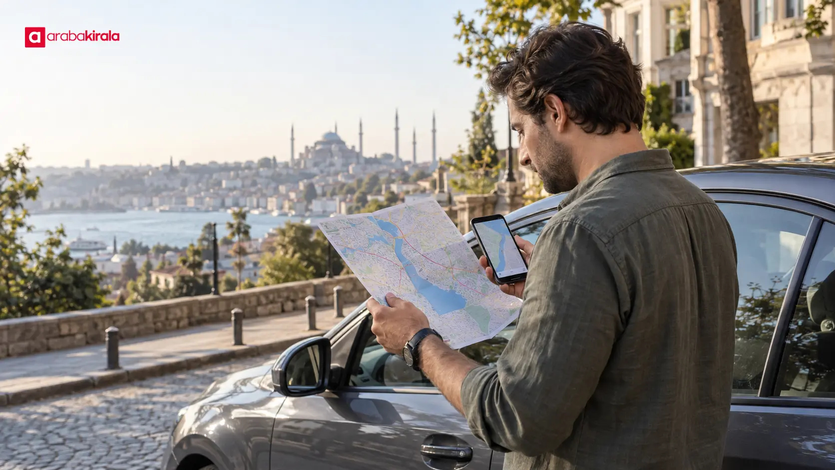 Yolculuk öncesinde park edilmiş aracın yanında güzergâhını harita ve telefonla kontrol eden sürücü