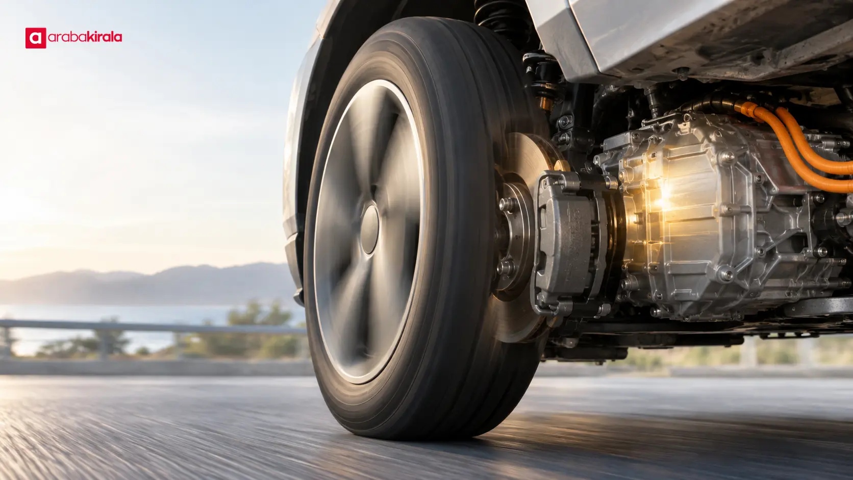Elektrikli otomobilde tekerleklerin yavaşlaması sırasında enerji geri kazanımını temsil eden motor ve tekerlek detayı