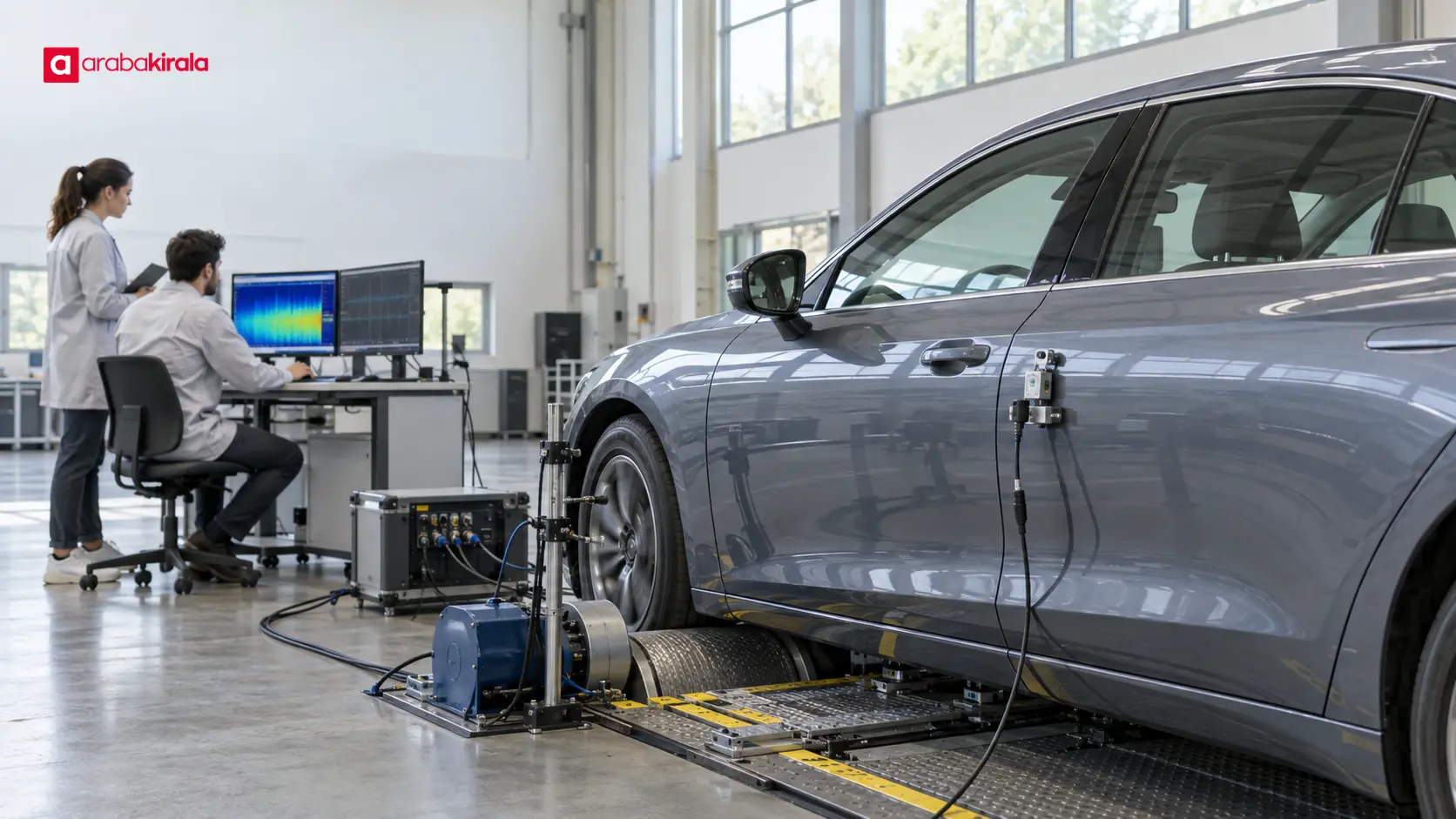 Sessiz bir otomotiv laboratuvarında gürültü ve titreşim ölçümü yapılan araç