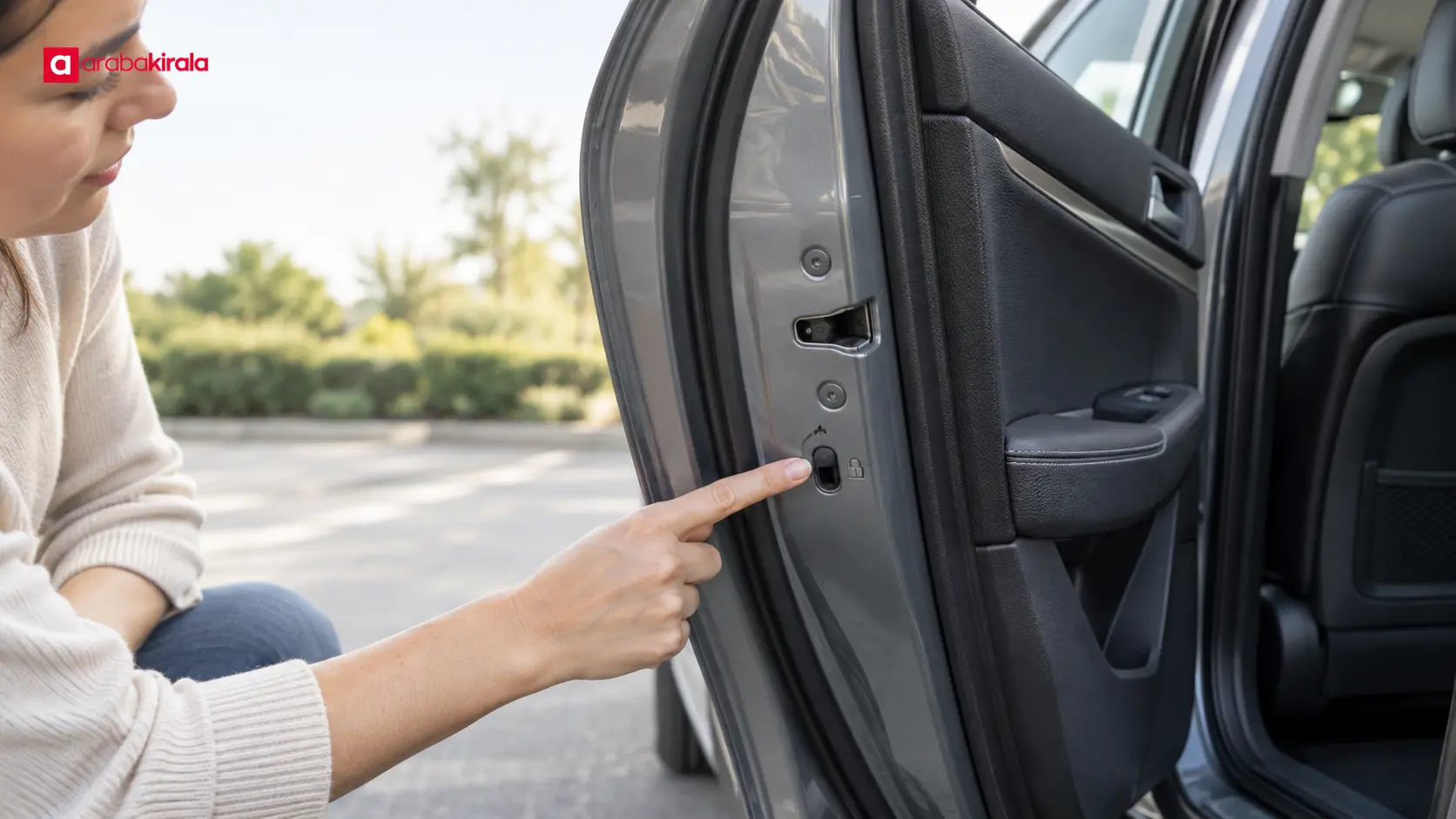 Park halindeki otomobilin arka kapısındaki çocuk kilidi mandalını inceleyen ebeveyn Park halindeki otomobilin arka kapısındaki çocuk kilidi mandalını inceleyen ebeveyn