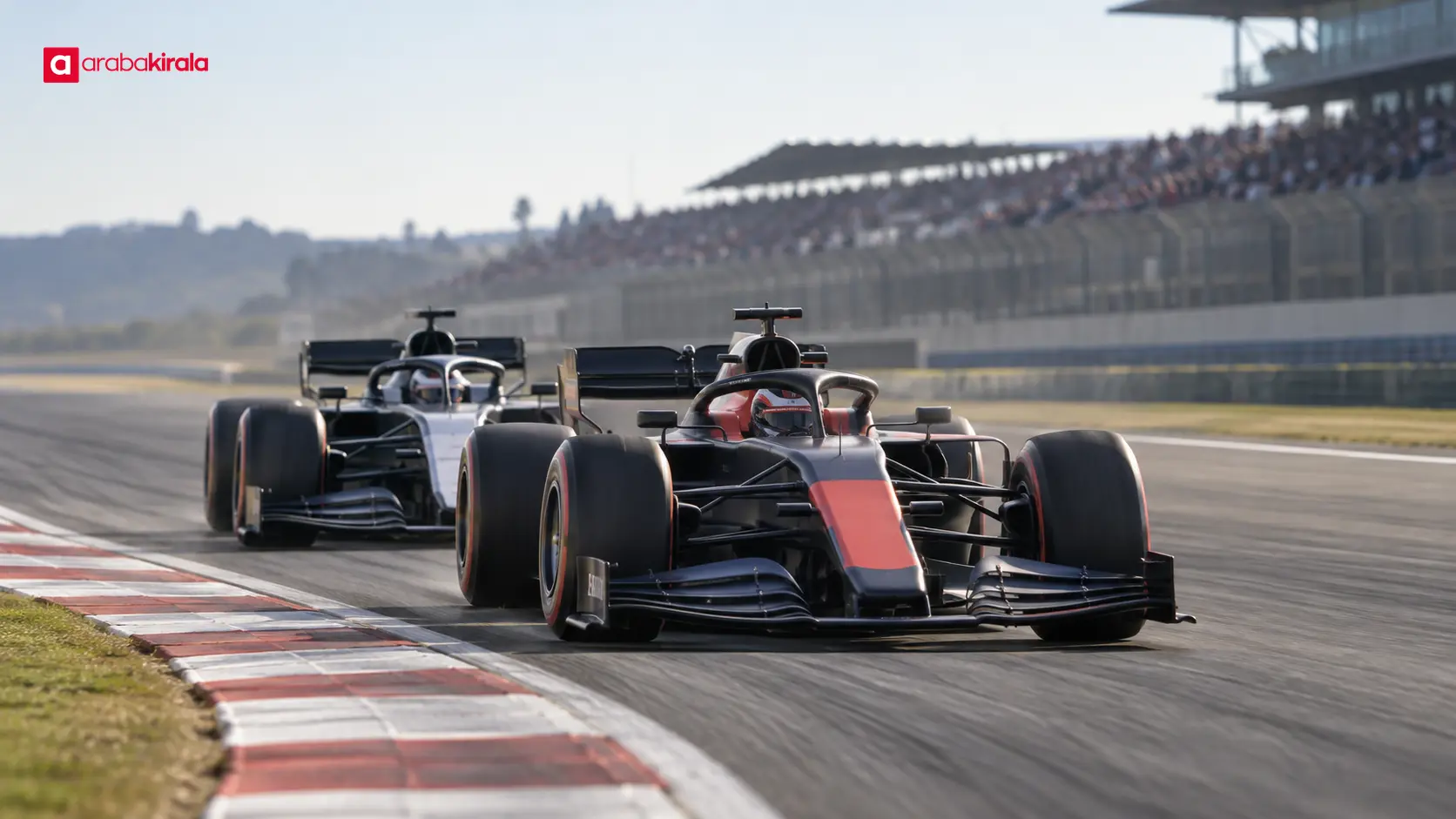 Viraj çıkışından düzlükte hızlanan Formula 1 araçları Viraj çıkışından düzlükte hızlanan Formula 1 araçları
