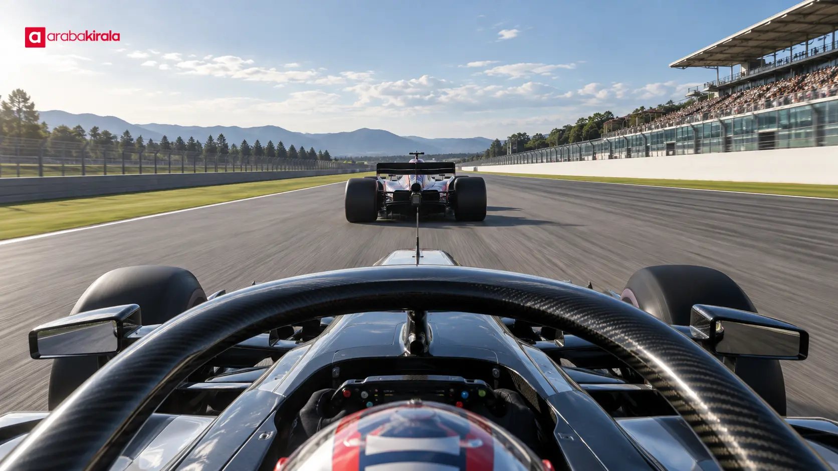 Kokpitten görülen düzlükteki öndeki Formula 1 aracı Kokpitten görülen düzlükteki öndeki Formula 1 aracı