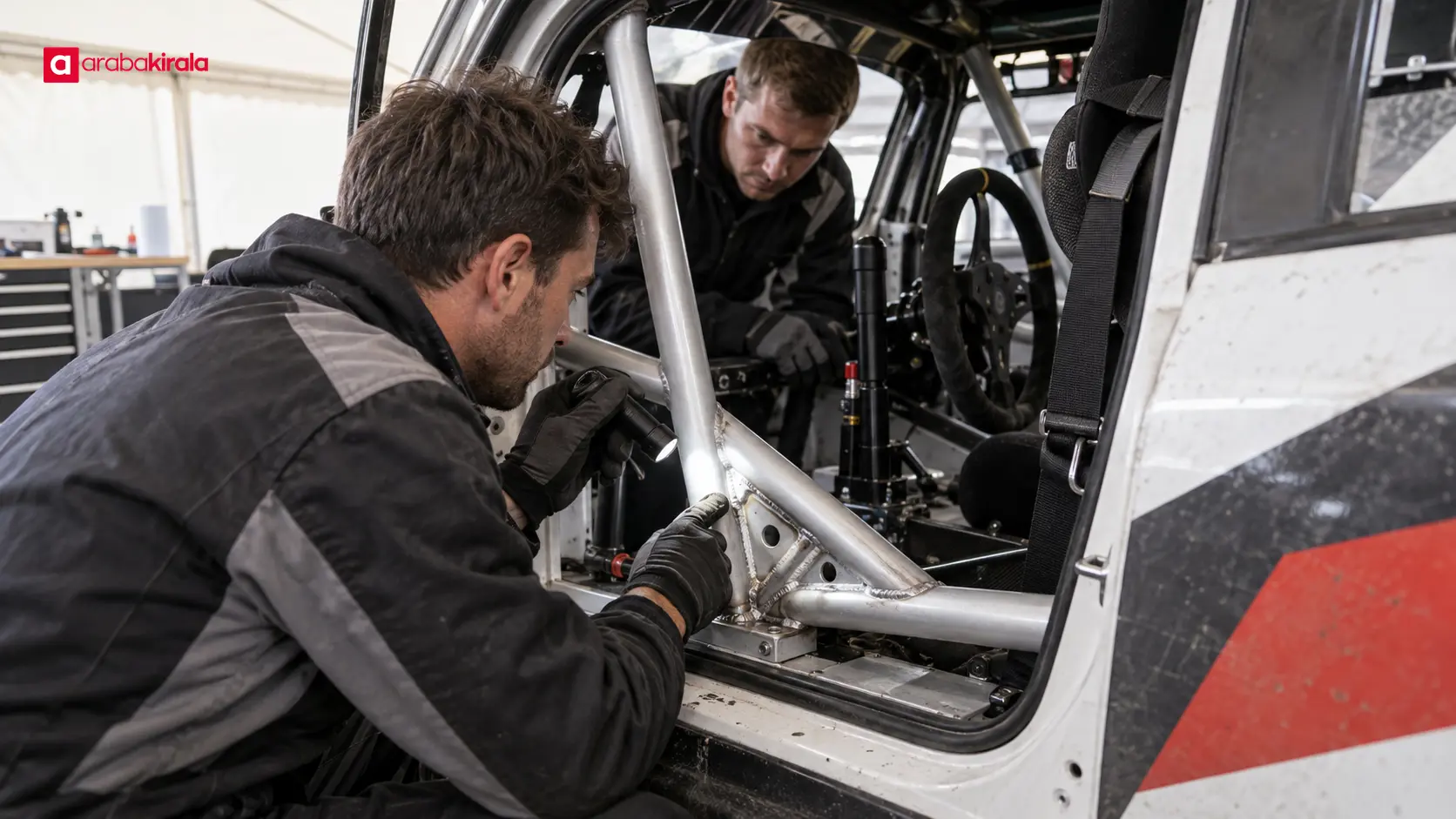 Teknik ekip, ralli otomobilinin iç güvenlik kafesindeki bağlantıları ve kaynakları inceliyor Teknik ekip, ralli otomobilinin iç güvenlik kafesindeki bağlantıları ve kaynakları inceliyor