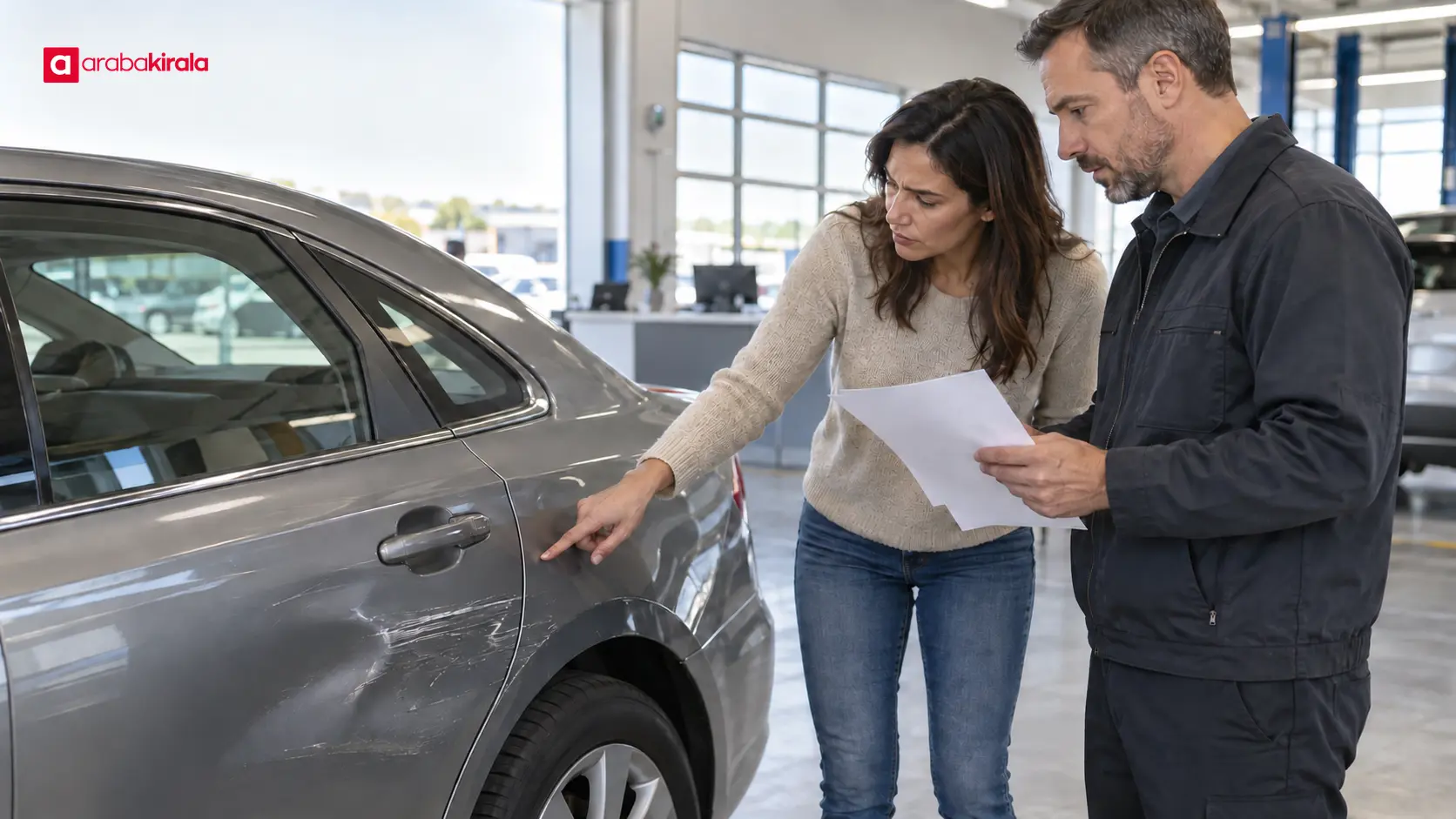 Hasarlı otomobilin yanında servis danışmanıyla hasarı ve evrakları inceleyen sürücü