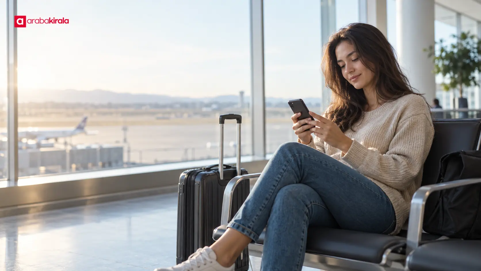 Uçuş planını ve araç teslim alma zamanını telefonundan gözden geçiren yolcu Uçuş planını ve araç teslim alma zamanını telefonundan gözden geçiren yolcu