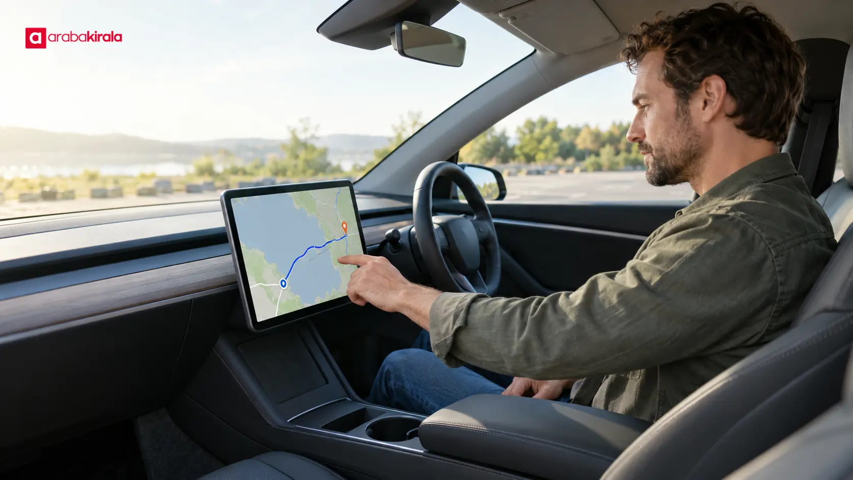 Park hâlindeki elektrikli araçta rota ve tahmini varış şarjını gösteren navigasyon ekranı Park hâlindeki elektrikli araçta rota ve tahmini varış şarjını gösteren navigasyon ekranı