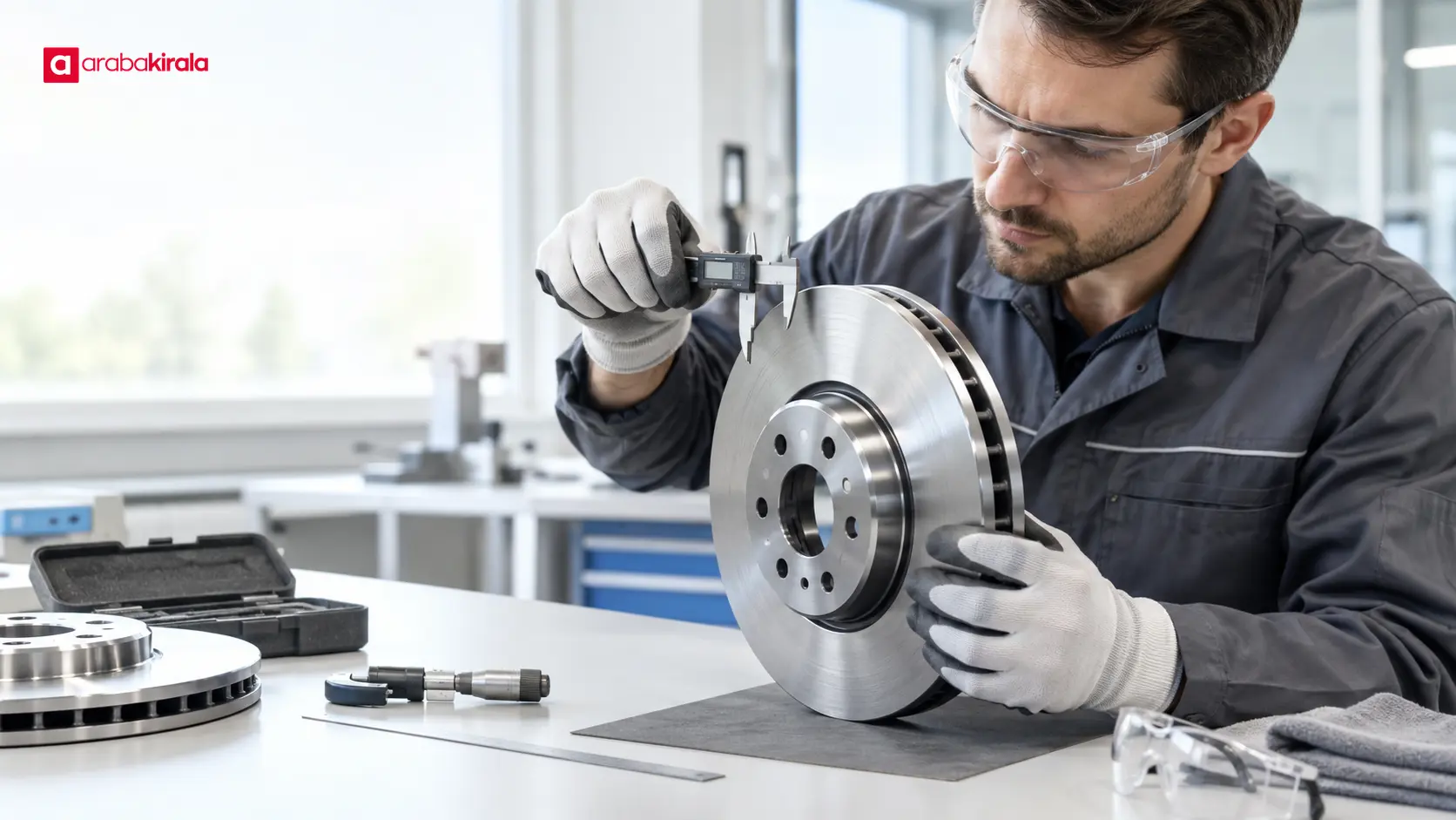 Teknisyen otomotiv laboratuvarında metal fren parçasını hassas ölçüm cihazıyla kontrol ediyor Teknisyen otomotiv laboratuvarında metal fren parçasını hassas ölçüm cihazıyla kontrol ediyor