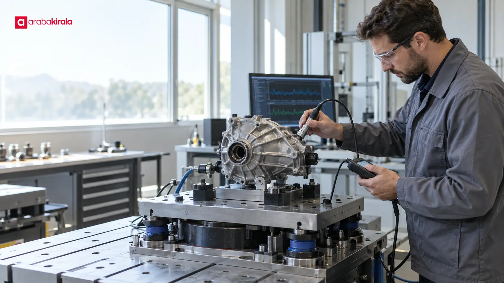 Mühendis kalite kontrol alanında otomotiv parçasını titreşim test düzeneğinde ölçüyor Mühendis kalite kontrol alanında otomotiv parçasını titreşim test düzeneğinde ölçüyor
