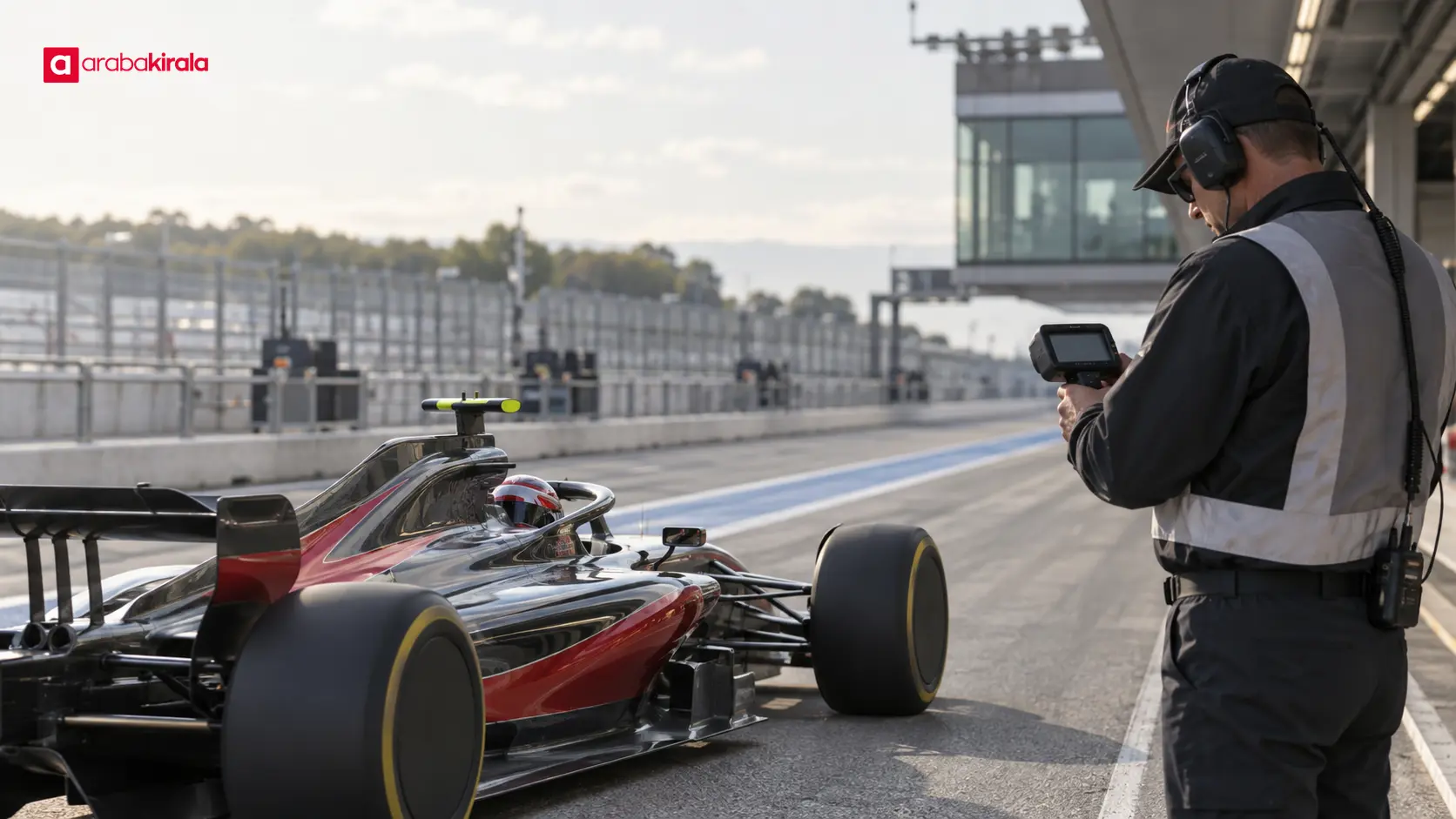 Pit şeridinde ilerleyen Formula 1 aracı ve hız ölçümünü izleyen görevli Pit şeridinde ilerleyen Formula 1 aracı ve hız ölçümünü izleyen görevli