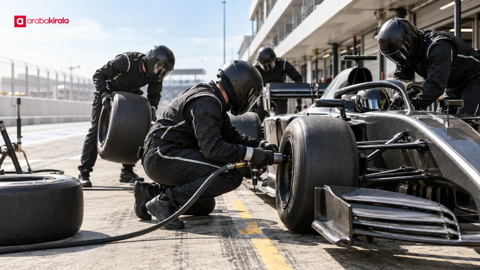 Pit alanında tekerlek değişimi yapılan Formula 1 aracı Pit alanında tekerlek değişimi yapılan Formula 1 aracı