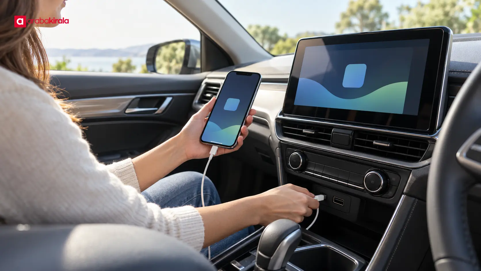 Park hâlindeki kiralık araçta telefon, USB kablosuyla bağlantı girişine takılı Park hâlindeki kiralık araçta telefon, USB kablosuyla bağlantı girişine takılı