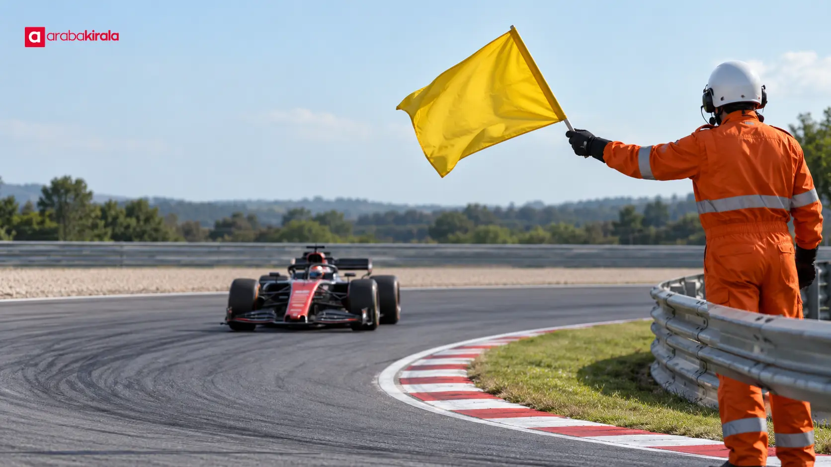 Virajda sarı bayrak sallayan pist görevlisi ve yavaşlayan Formula 1 aracı Virajda sarı bayrak sallayan pist görevlisi ve yavaşlayan Formula 1 aracı