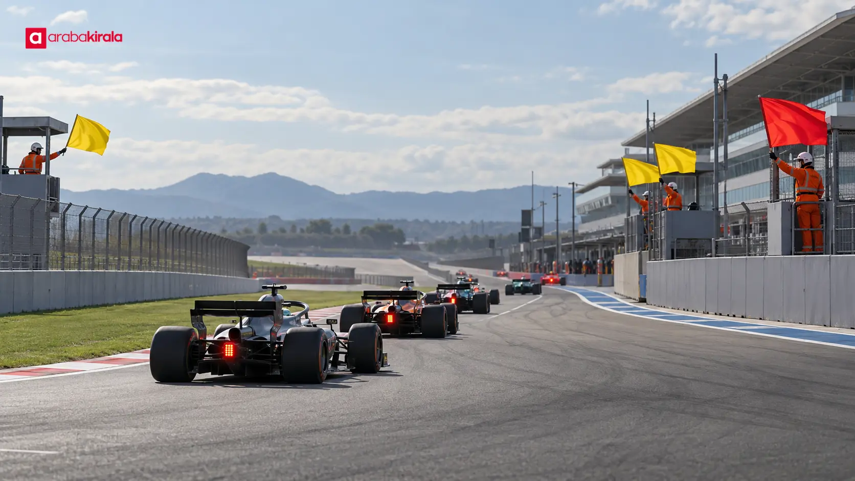 Kırmızı bayrak sonrasında yavaşlayıp pit alanına yönelen Formula 1 araçları Kırmızı bayrak sonrasında yavaşlayıp pit alanına yönelen Formula 1 araçları