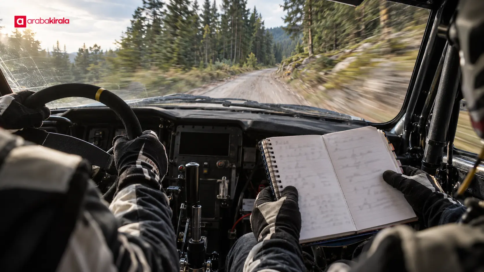 Hareket halindeki ralli otomobilinde yardımcı pilotun not defterini tuttuğu kokpit detayı