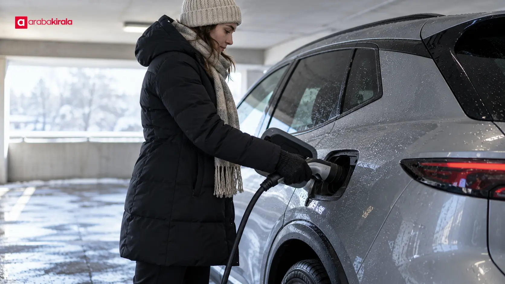Sürücü kış yolculuğu öncesi elektrikli aracın şarj kablosunu çıkarıyor
