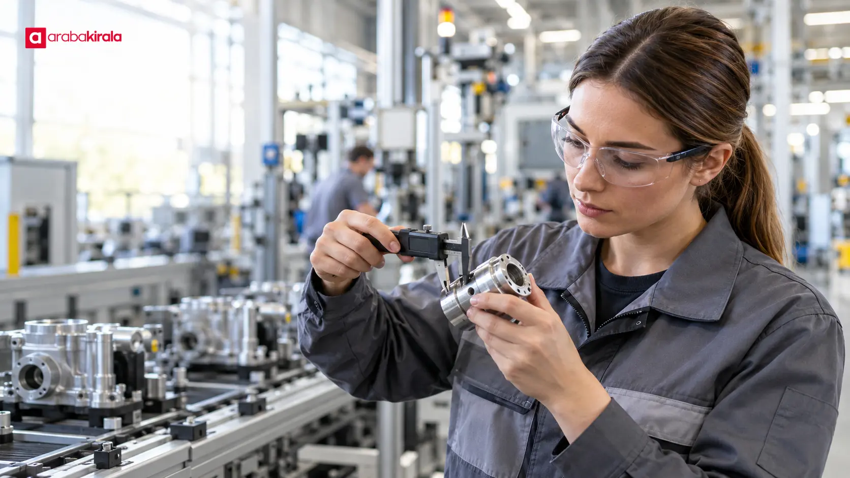 Otomotiv fabrikasında bir uzmanın metal bileşeni ölçüm cihazıyla kontrol etmesi
