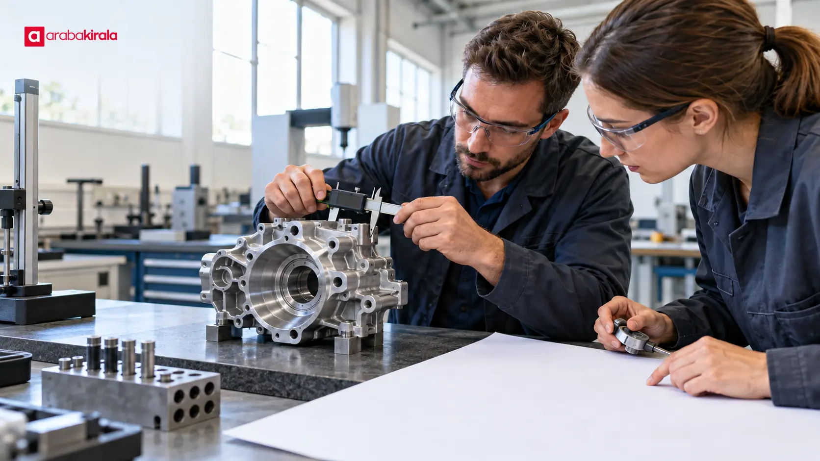 Mühendislerin otomotiv bileşenini laboratuvarda ölçüm ekipmanlarıyla incelemesi