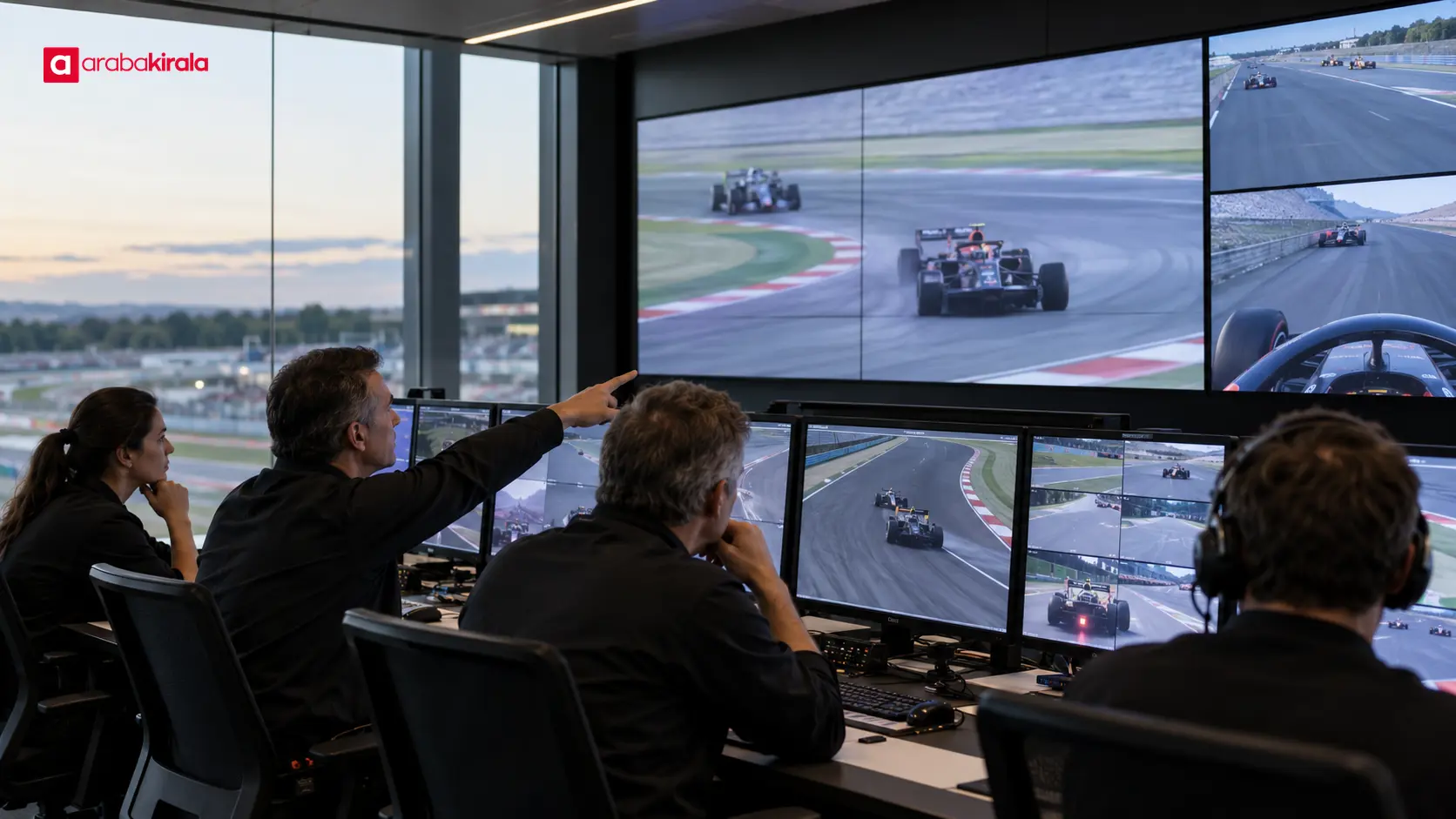 Yarış kontrol odasında ekranlardaki Formula 1 yarış görüntülerini inceleyen hakemler Yarış kontrol odasında ekranlardaki Formula 1 yarış görüntülerini inceleyen hakemler