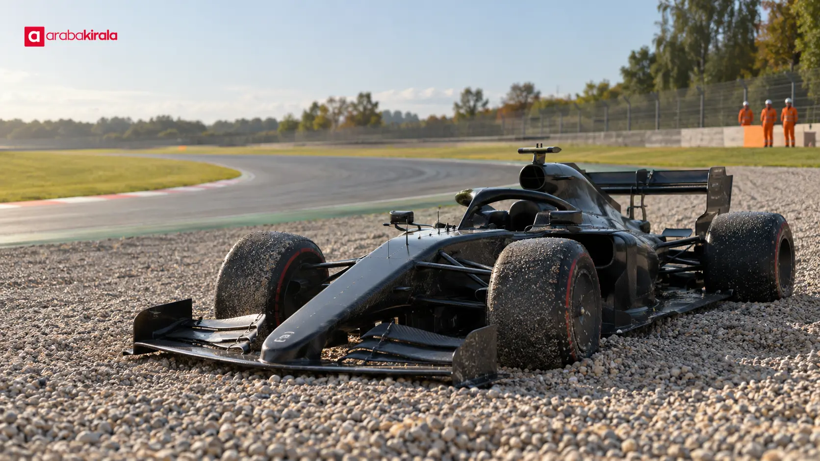 Pist kenarındaki kaçış alanında duran Formula 1 aracı ve olayı uzaktan izleyen görevliler Pist kenarındaki kaçış alanında duran Formula 1 aracı ve olayı uzaktan izleyen görevliler