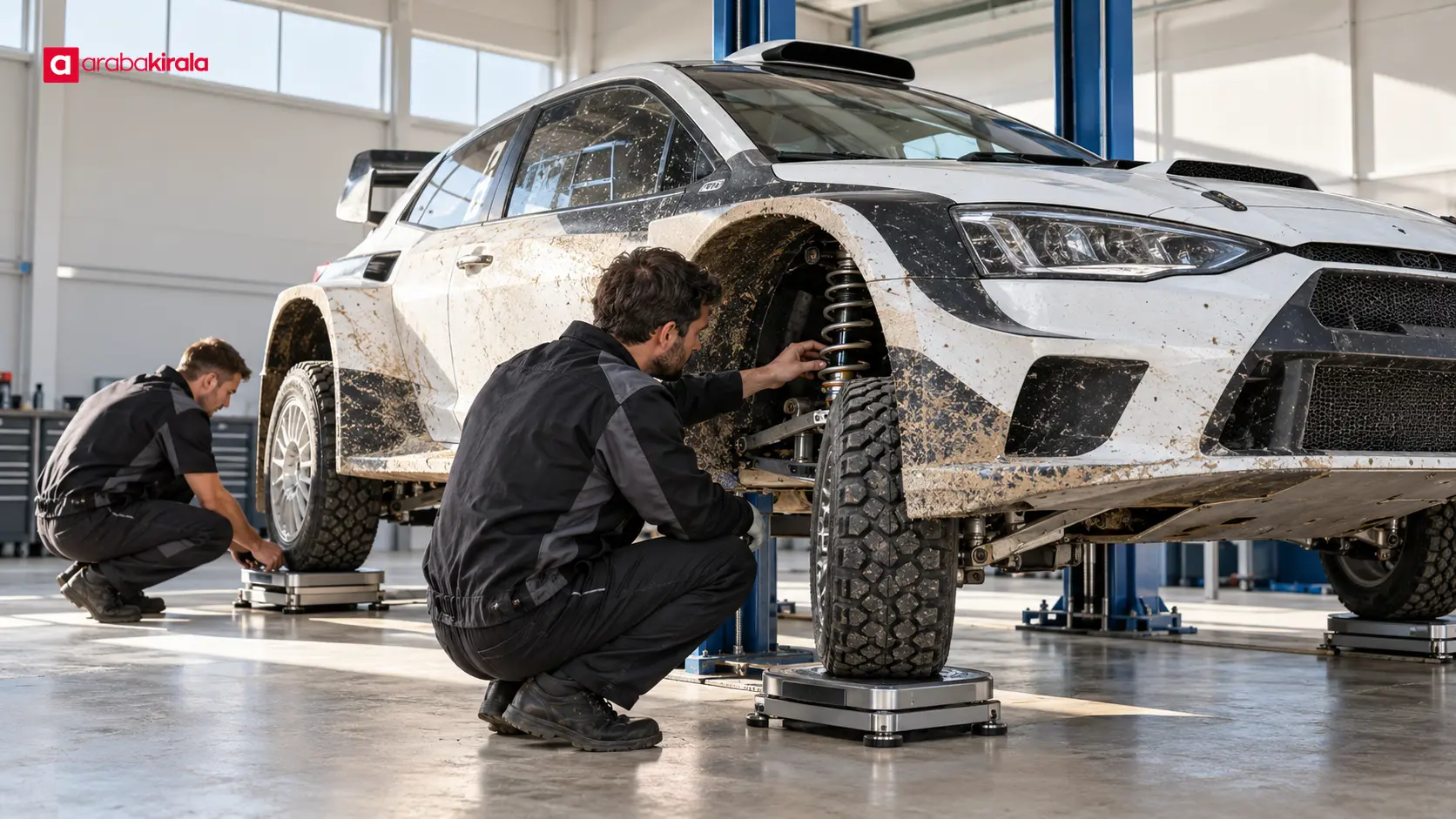 Atölyede tekerlek yükleri ve süspansiyonu kontrol edilen markasız ralli aracı Atölyede tekerlek yükleri ve süspansiyonu kontrol edilen markasız ralli aracı