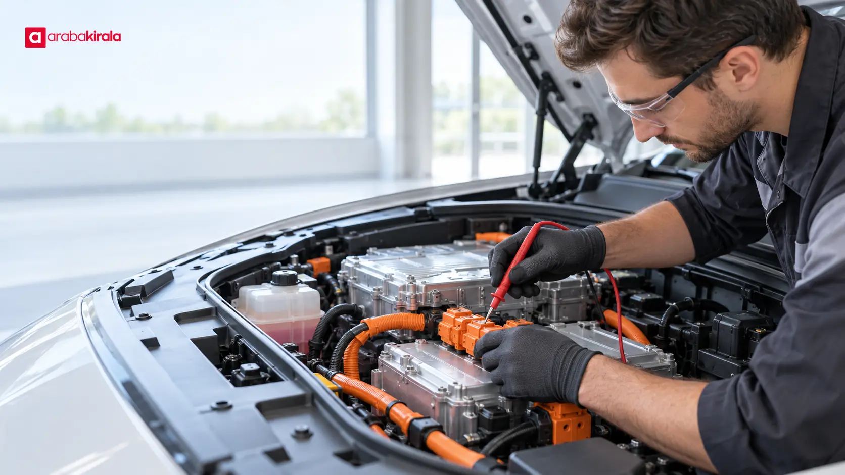 Elektrikli otomobilin yüksek gerilim batarya bağlantılarını inceleyen teknisyen