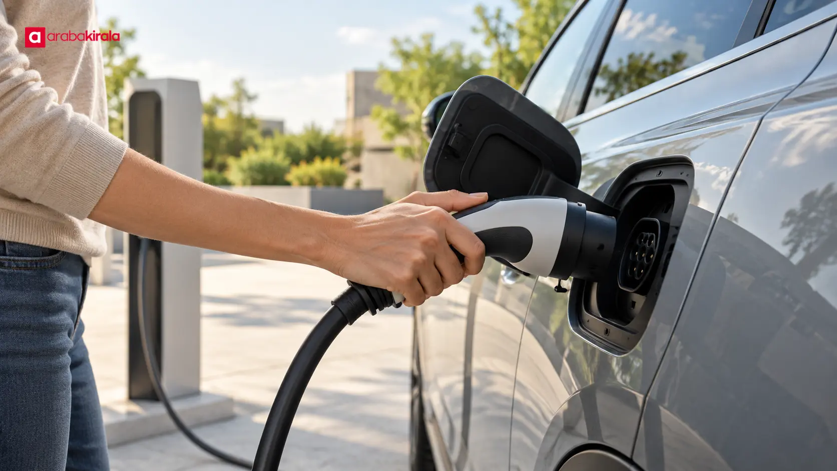 Şarjı tamamlanan elektrikli otomobilin kablosunu güvenle çıkaran sürücü
