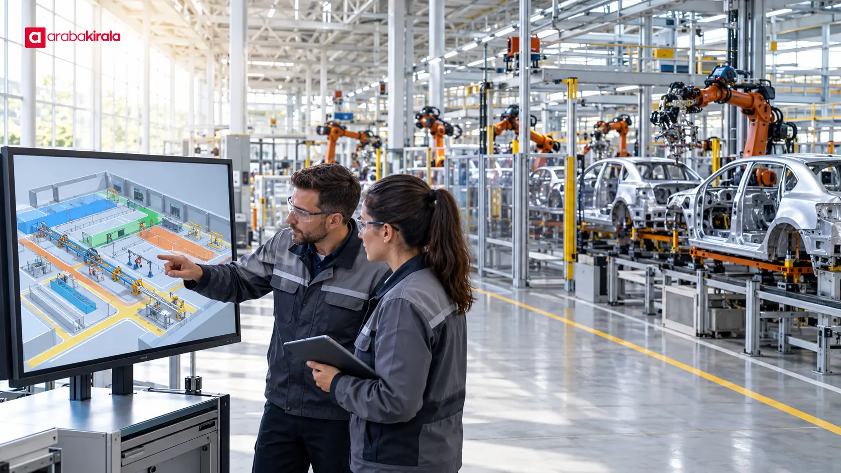 Üretim hattını dijital fabrika yerleşimiyle birlikte inceleyen otomotiv mühendisleri Üretim hattını dijital fabrika yerleşimiyle birlikte inceleyen otomotiv mühendisleri
