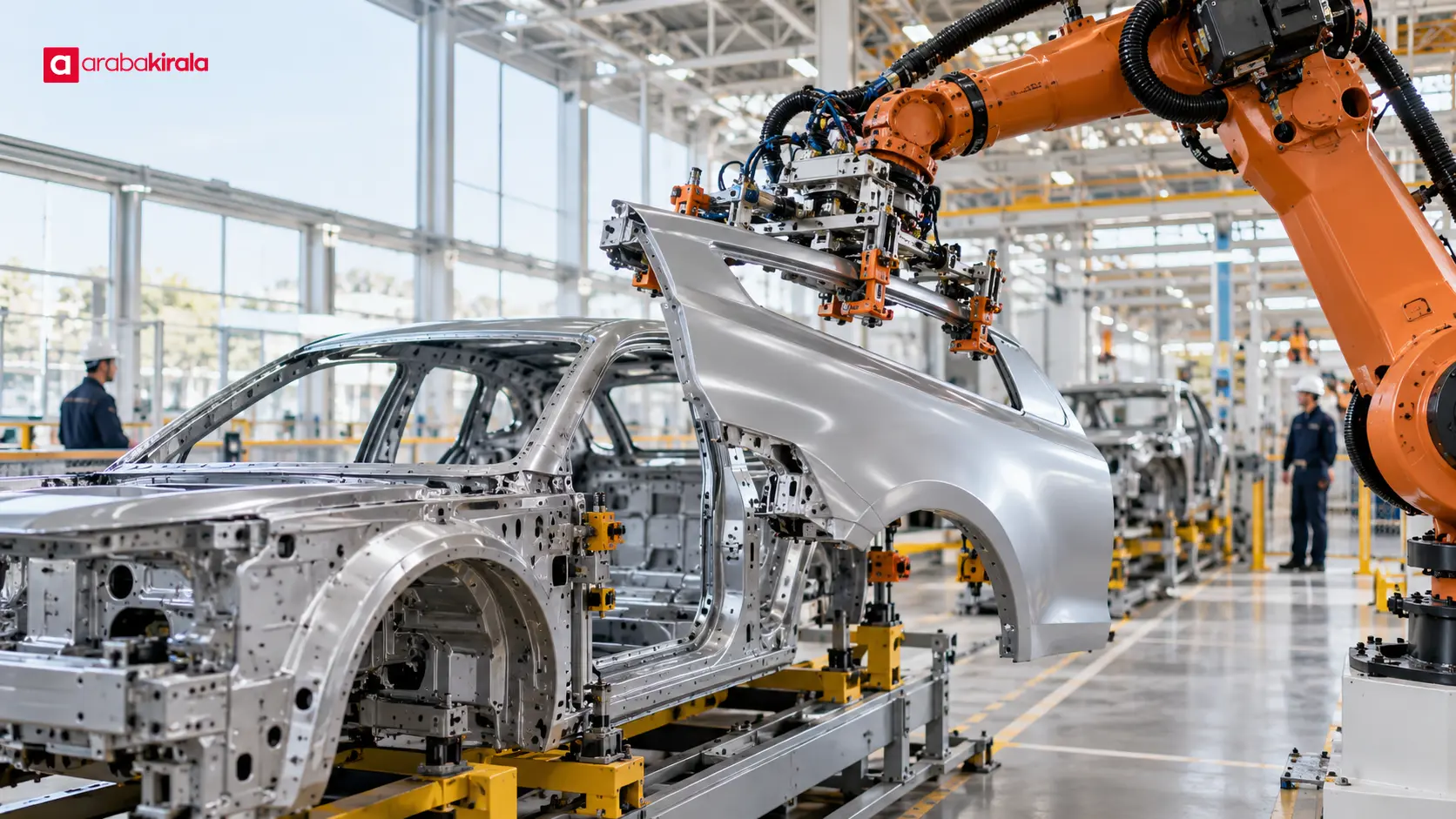 Montaj hattında gövde parçasını konumlandıran endüstriyel robot Montaj hattında gövde parçasını konumlandıran endüstriyel robot